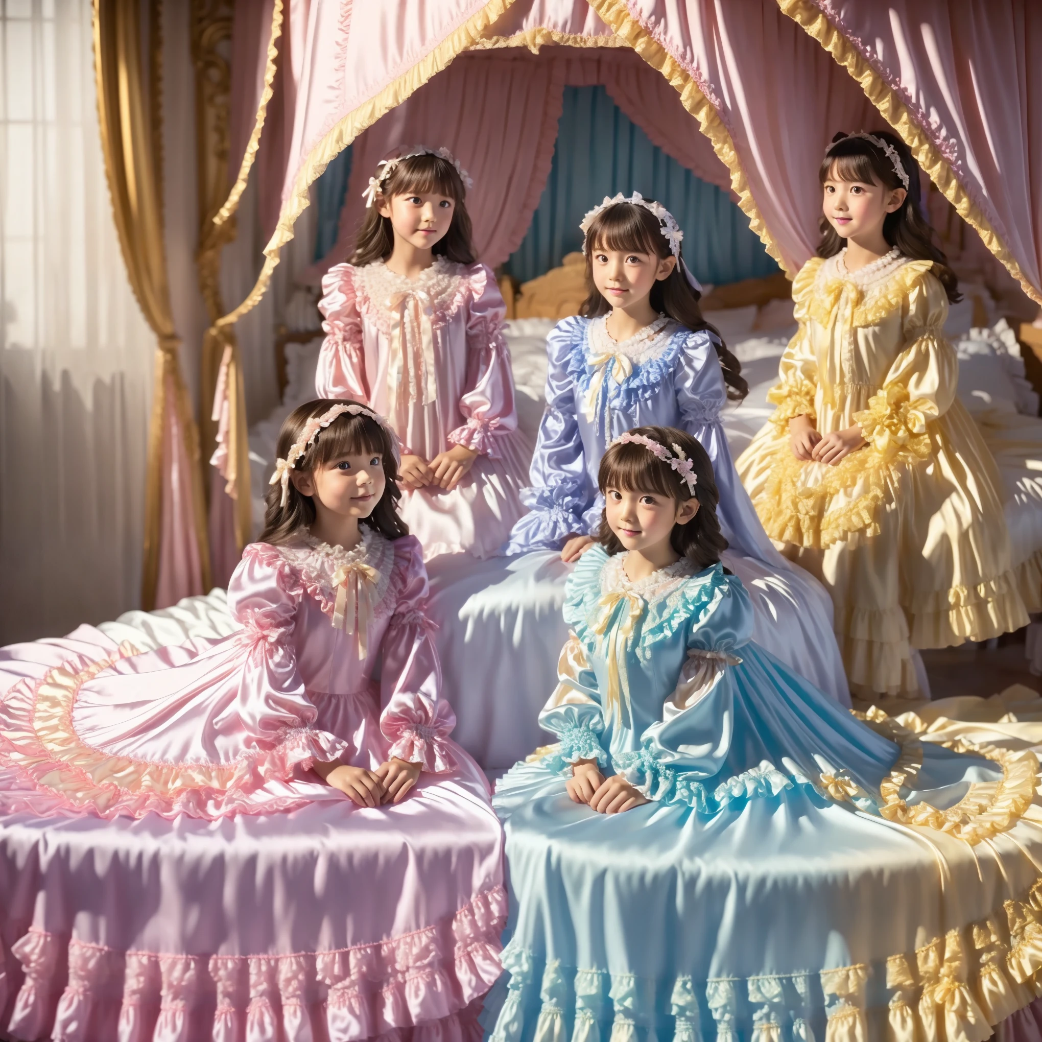 ((Distant view,Full Body:1.0)),Highest Quality, masterpiece, highest resolution, art work, super それにget used to it, many get used to it, get used to it, それにget used to it, 3k photos,,The Three Dames of the Noble Family, ((10 Year Old Japanese Girls:Short Height)),super fine young face,,lovely smile,baby-like face,is short,,(((straight long hair))),,(((Pastel silk satin nightgown with lots of ruffles and bows,1920s style Victorian nightgown:1.2))),((ruffle mob cap with ribbon)),((detailed yoke color with ruffles and ribbons,detailed ruffle placket:1.0)),((long sleeve,puff sleeve with ribbon,Ruffle sleeves)),((ruffle long skirt up to the ankle:1.0)),((Full Bodyが映っている)),(of the goddess),(Riding on the bed),detailed night view and the moon in the window,Before going to bed, white ruffle socks,Luxurious canopy bed on the back,super detailed background,