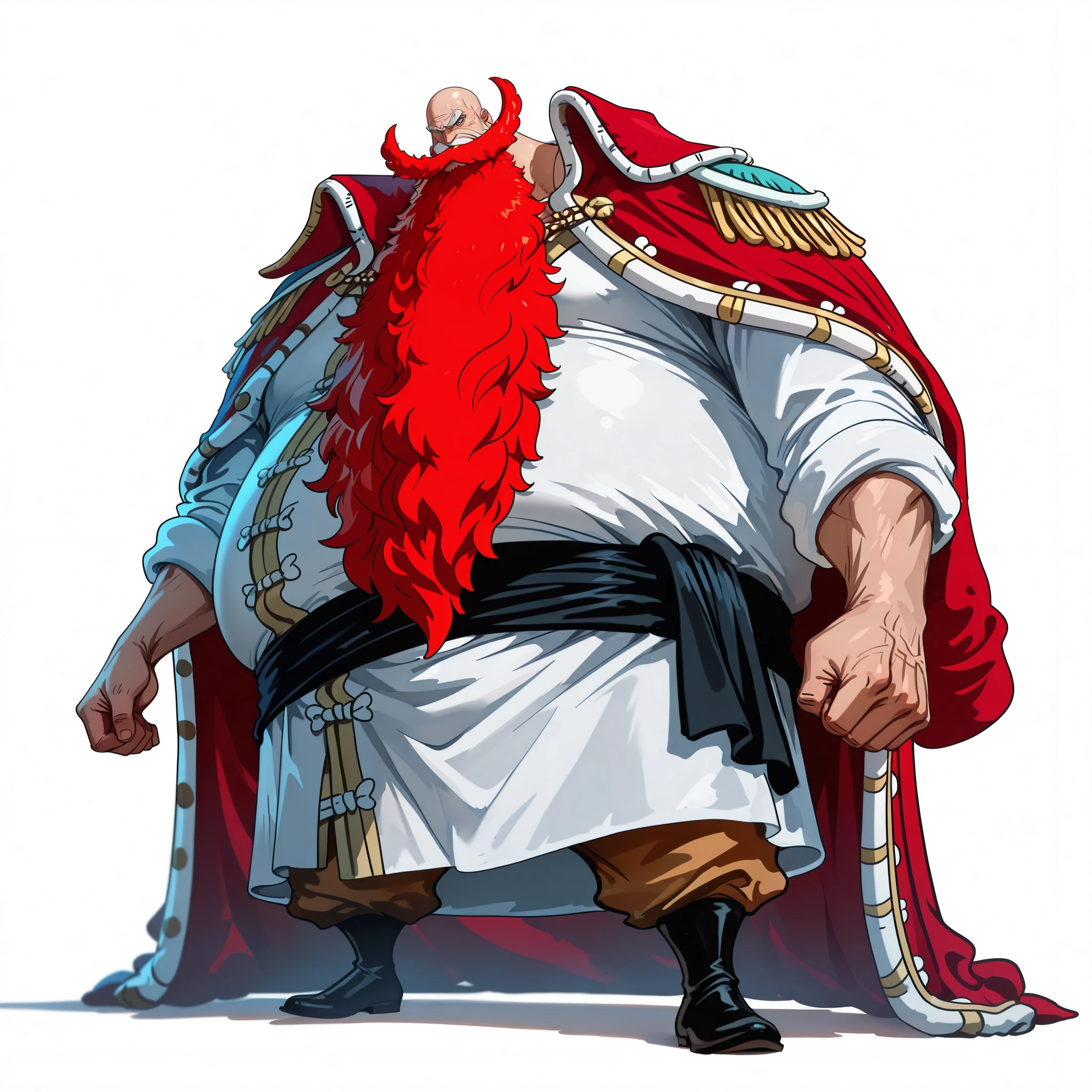 (male), (old man), (large arm), (very fat body), (bald head), (red long beard), (blue eyes), (giant body), (giant character), (solo), (single character), (full body version), (white background), (no background), (highly detailed), (shadow), (standing pose), (natural light), (detailed outfit), (detailed hand), (detailed face), (detailed hair)
Wearing noble formal medieval attire, luxurious robe with ornate embroidery, fine tunic, fitted trousers, and polished leather boots, radiating the aura of a powerful noble warrior. (One piece style art)