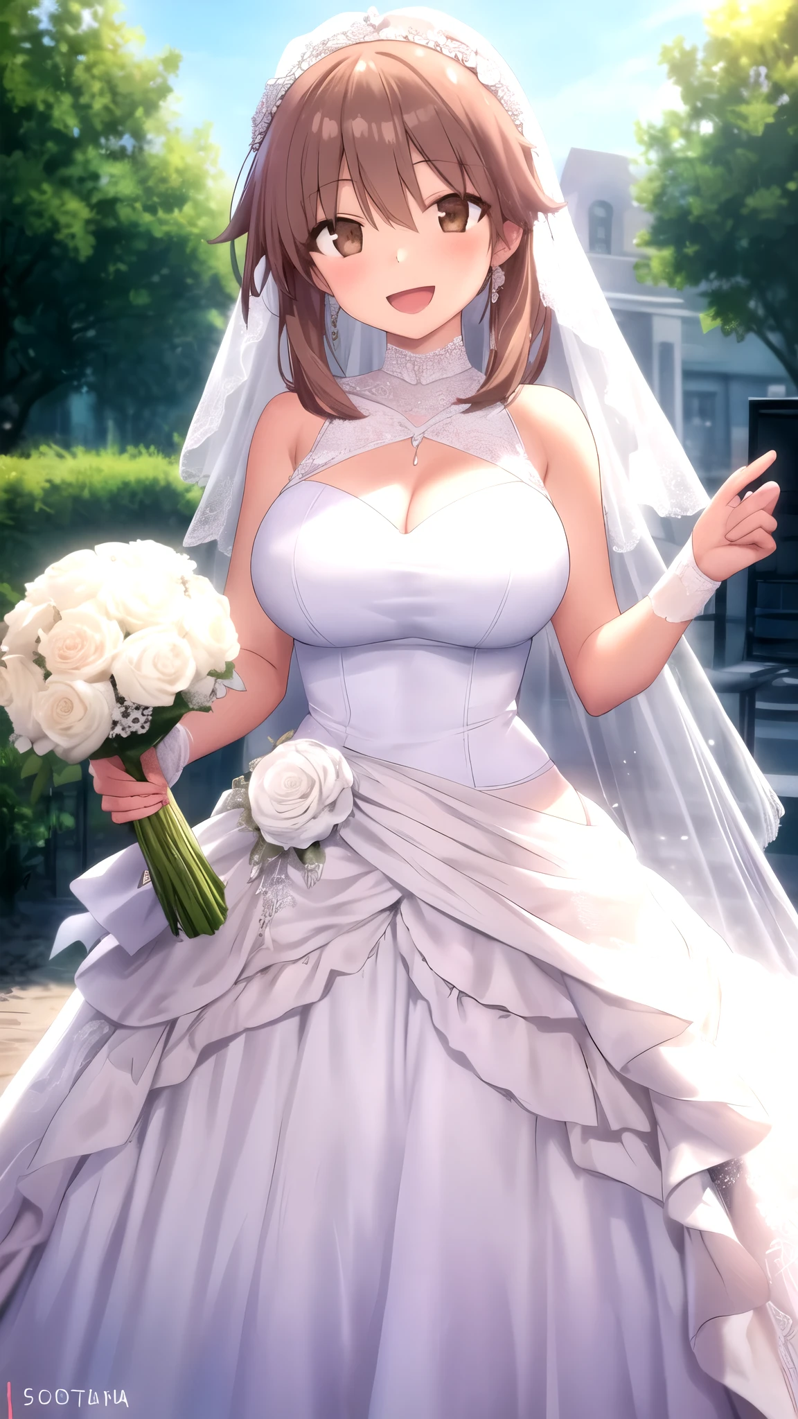 Masterpiece, Best Quality, girl, looking at viewer, Sorata Kanda, Brown hair, Brown Eyes, large breasts, wedding Dress, standing, smile, open mouth, outdoors
