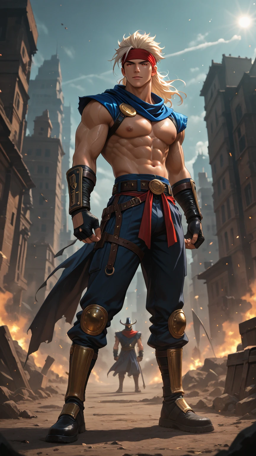 masterpiece,best quality,painting of a man,((highlander, intricate outfit, ?????, Goldfish Orange theme)),lonely look,well-built ripped man,big hair,Platinum hair,short back and sides,Bright Blue eyes,tall,temperate desert,intricate background,dynamic pose,action scene