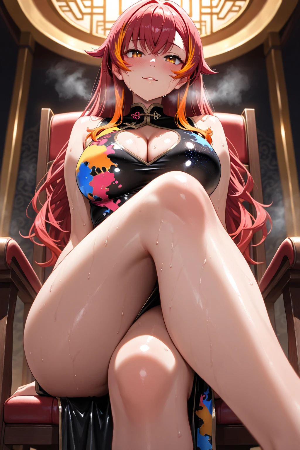 Anime style woman doing latex pose on giant octopus like chair，detailed。anime big breasts。tentacle，被黑色tentacle包裹着，长满tentacle，tentacle周围，有一些tentacle在触碰她，Beautiful octopus woman，seductive anime girl，巨大的油腻tentacle和眼睛，extremely detailed art，tentacle，tentacle怪物，tentacle，nipple lump，Thighs apart，M-shaped legs