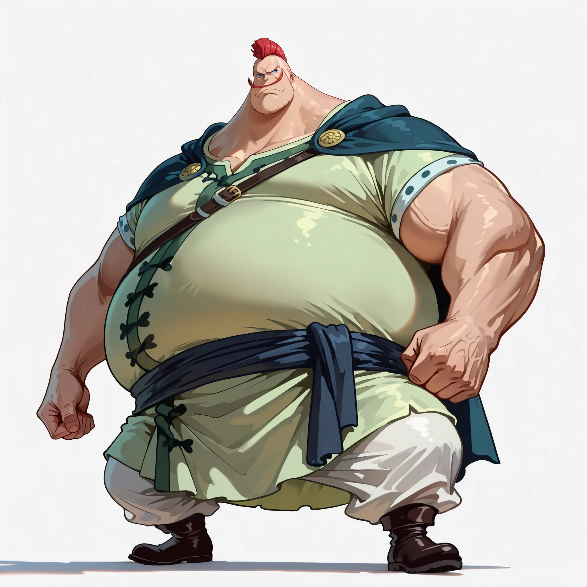 (male), (man), (large arm), (very fat body), (mohawk hairstyle, red hair), (blue eyes), (giant body), (giant character), (solo), (single character), (full body version), (white background), (no background), (highly detailed), (shadow), (standing pose), (natural light), (detailed outfit), (detailed hand), (detailed face), (detailed hair)
Wearing noble casual medieval attire, light green tunic, dark blue and white trousers, and leather boots, radiating the aura of a powerful noble warrior. (One piece style art)