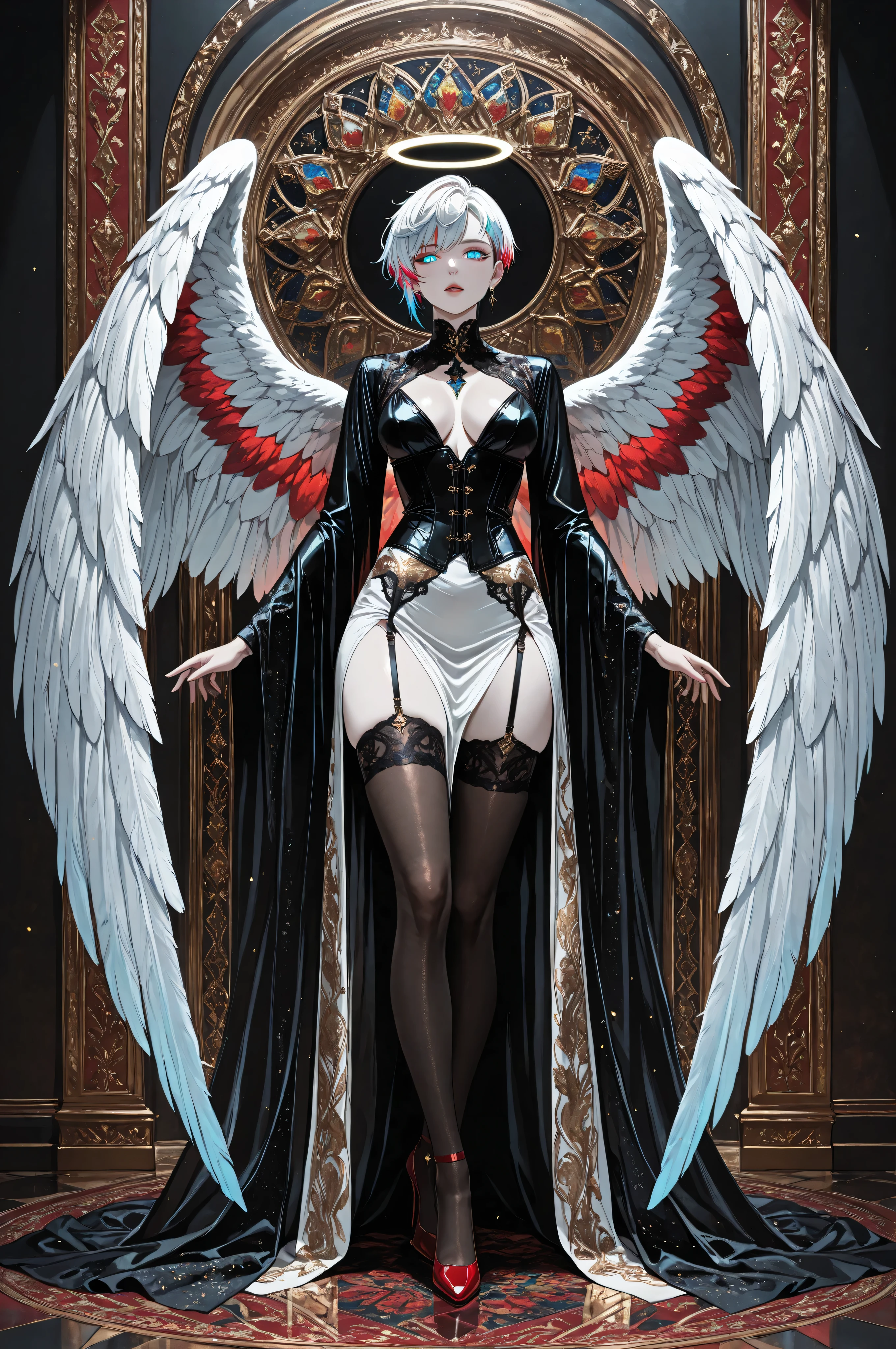 aidmaMJ6.1,a picture of magnificent female angel, busty, dynamic hair color, pixie cut hair, shining blue eyes, white wings, wearing intricate elegant black leather dress, wearing red high heels, spread angel wings, pale skin, white hair, colorful hair, colorful eyes, glowing eyes, white dress with golden pattern, Halo, fantasy, black silk corset, black stockings, garter belt masterpiece, best quality, amazing quality