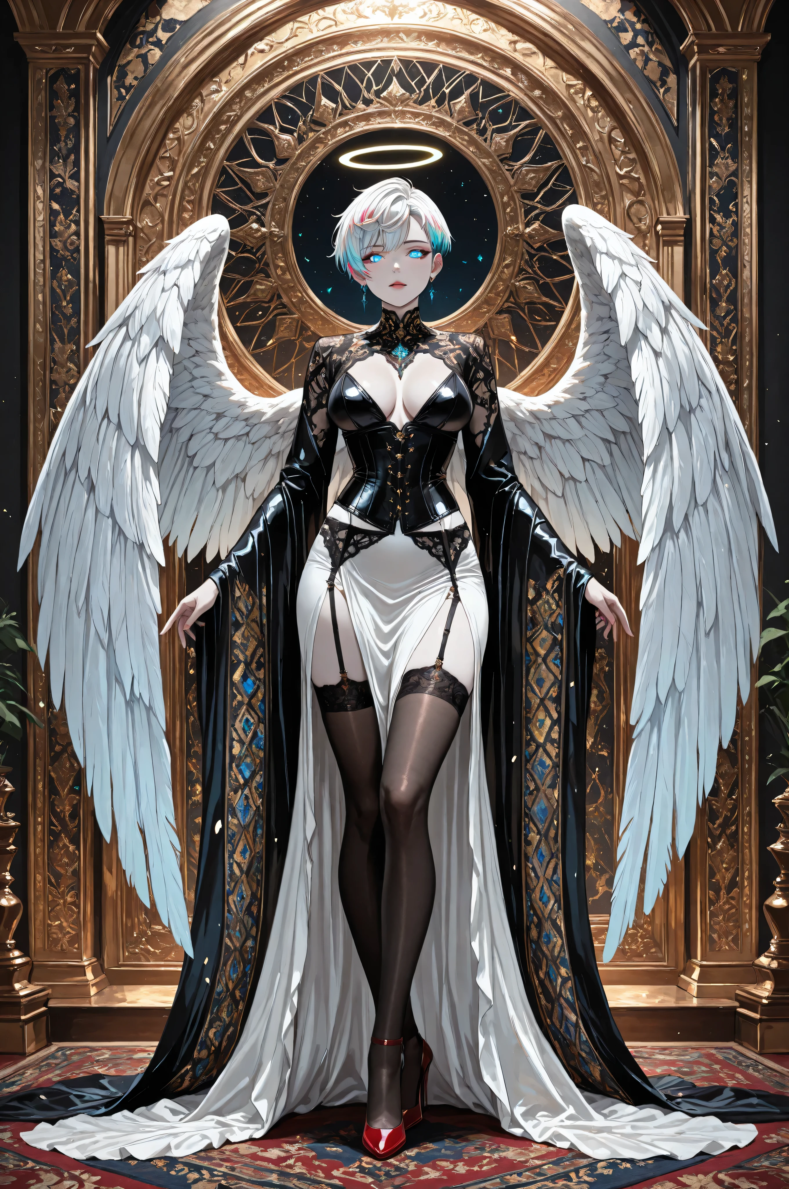 aidmaMJ6.1,a picture of magnificent female angel, busty, dynamic hair color, pixie cut hair, shining blue eyes, white wings, wearing intricate elegant black leather dress, wearing red high heels, spread angel wings, pale skin, white hair, colorful hair, colorful eyes, glowing eyes, white dress with golden pattern, Halo, fantasy, black silk corset, black stockings, garter belt masterpiece, best quality, amazing quality