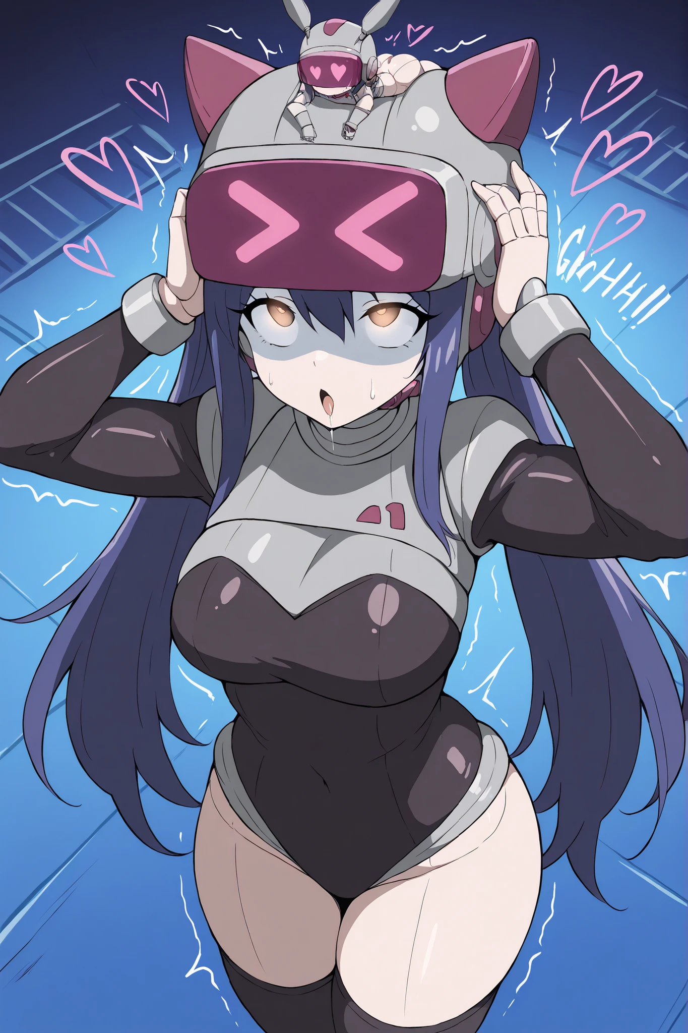 2d, Best quality, masterpiece, wide angle, solo, 1girl, solo, wendy marvell, long hair, hair ornament, ribbon, hair between eyes, twintails, brown eyes, very long hair, blue hair, very thicc white outline, white skin, she wearing black leather long sleeves full_one_piece_leotard, leather stockings, sphere shaped helmet, mischievous z-tech helmet, chinstraps, evil ZKOvisor, hyonotic visor, she trying to taking helmet from her head, hands up to head, hands grabbing helmet and trying to get it off, she tense, she scared, she resisting, from above, she at alien spaceship floating at space, spaceship background, dynamic angle,mechanical limbs,robot joints,metal skin,mistyrobot,,large breasts,big ass,glowing eyes,head-mounted display ,ahegao ,comic expression, Sound effect,heart,trembling
