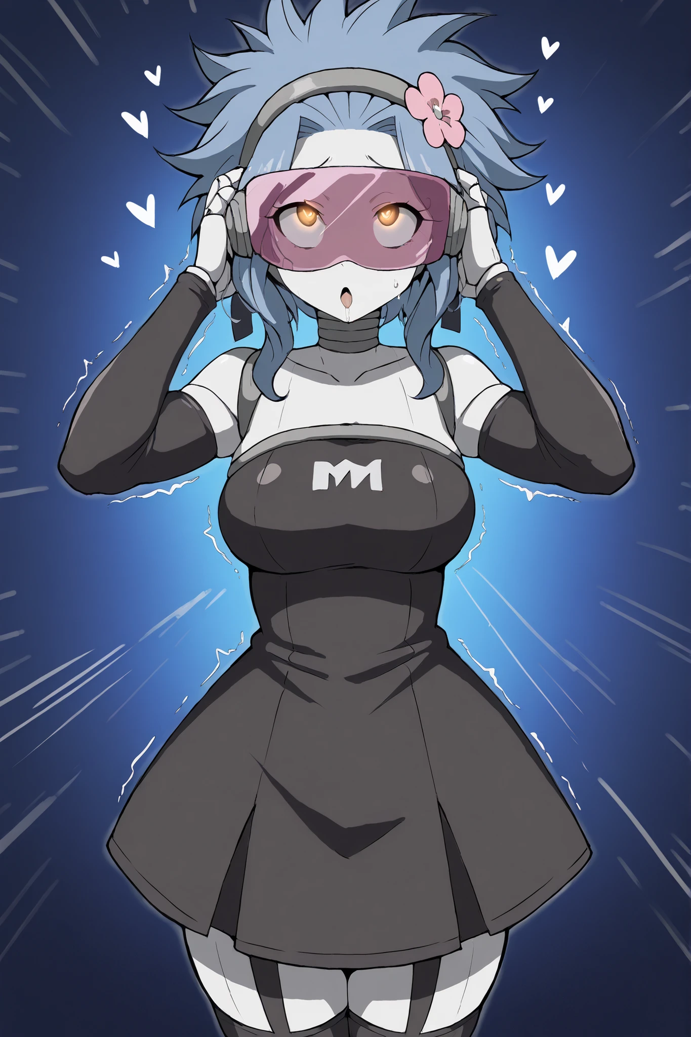 2d, Best quality, masterpiece, wide angle, solo, 1girl, solo, levy mcgarden, brown eyes, blue hair, short hair, sidelocks,
hair ornament, dress, bare shoulders, collarbone, flower, detached sleeves, hair flower, very thicc white outline, white skin, she wearing black leather long sleeves full_one_piece_leotard, leather stockings, sphere shaped helmet, mischievous z-tech helmet, chinstraps, evil ZKOvisor, hyonotic visor, she trying to taking helmet from her head, hands up to head, hands grabbing helmet and trying to get it off, she tense, she scared, she resisting, from above, she at alien spaceship floating at space, spaceship background, dynamic angle,mechanical limbs,robot joints,metal skin,mistyrobot,,large breasts,big ass,glowing eyes,head-mounted display ,ahegao ,comic expression, Sound effect,heart,trembling 