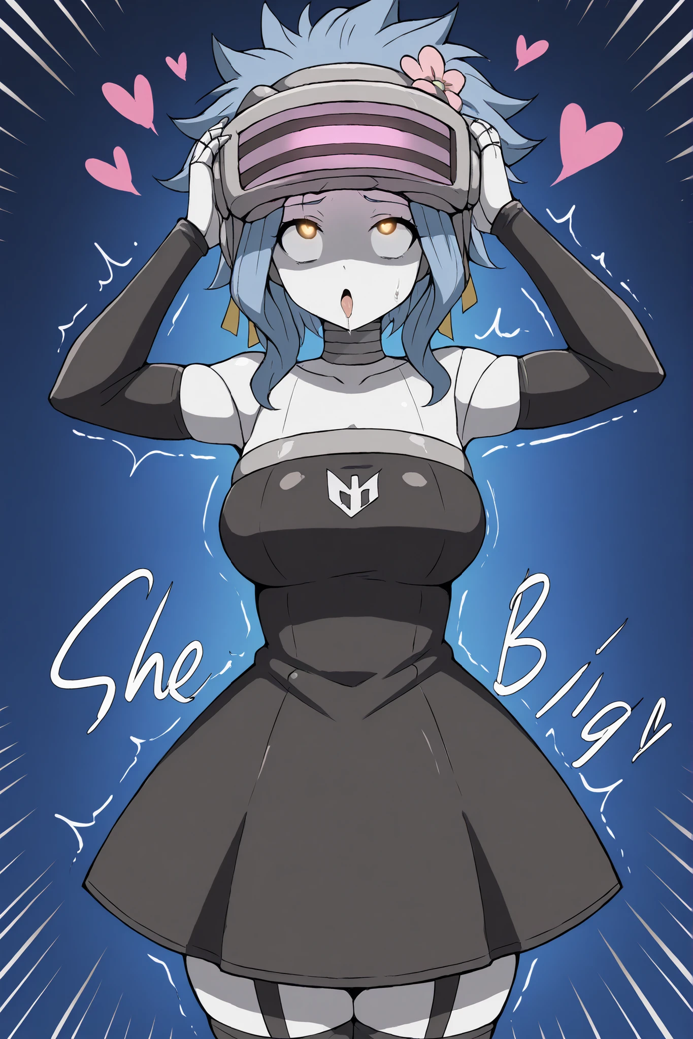 2d, Best quality, masterpiece, wide angle, solo, 1girl, solo, levy mcgarden, brown eyes, blue hair, short hair, sidelocks,
hair ornament, dress, bare shoulders, collarbone, flower, detached sleeves, hair flower, very thicc white outline, white skin, she wearing black leather long sleeves full_one_piece_leotard, leather stockings, sphere shaped helmet, mischievous z-tech helmet, chinstraps, evil ZKOvisor, hyonotic visor, she trying to taking helmet from her head, hands up to head, hands grabbing helmet and trying to get it off, she tense, she scared, she resisting, from above, she at alien spaceship floating at space, spaceship background, dynamic angle,mechanical limbs,robot joints,metal skin,mistyrobot,,large breasts,big ass,glowing eyes,head-mounted display ,ahegao ,comic expression, Sound effect,heart,trembling 