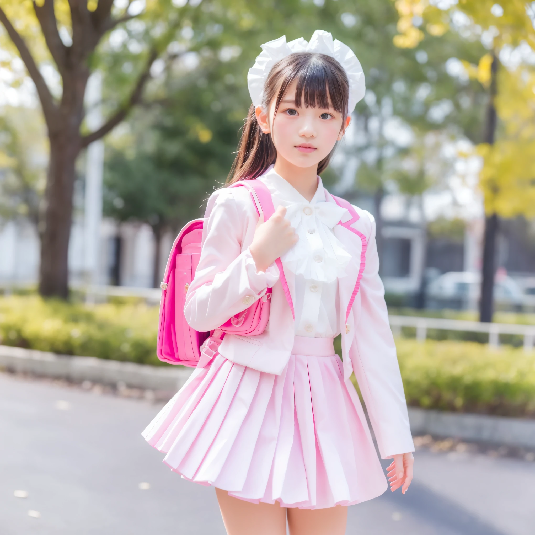 (8k,  Highest Quality, masterpiece:1.2),   ultra high res,  complicated details,  1 girl,  beautiful faces, Elementary school graduation clothes, （Pink blazer、long sleeve,Ruffled Sleeves,white ruffle blouse,adorned in a cute way with ruffles and ribbons,medium skirt、Ruffled Skirt,Panniers,pink backpack on the back:1.0）,  small breasts, short hoop skirt with round bulge up to the knee,,staring at the camera, 