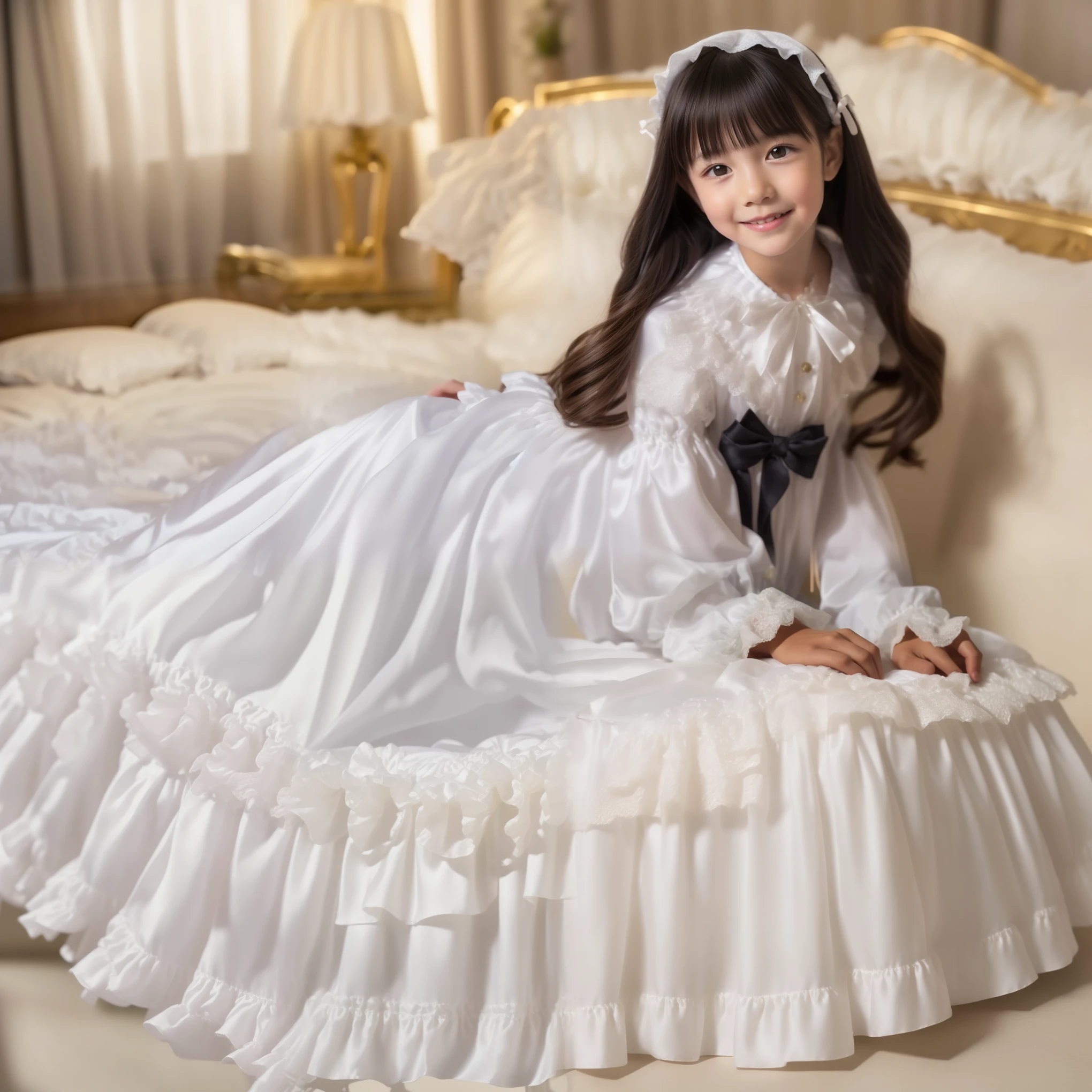 ((Distant view,Full Body,simple background:1.0)),Highest Quality, masterpiece, highest resolution, art work, super それにget used to it, many get used to it, get used to it, それにget used to it, 3k photos,, ((10 Year Old Japanese Girls:Short Height)),super fine young face,,lovely smile,baby-like face,,,((straight long hair)Pastel silk satin nightgown with lots of ruffles and bows,soft luster silk satin fabric,((ruffle mob cap with ribbon)),((detailed yoke color with ruffles and ribbons,detailed ruffle placket)),((long sleeve,puff sleeve with ribbon,Ruffle sleeves)),((ruffle long skirt up to the ankle)),((Full Bodyが映っている)),, white ruffle socks,