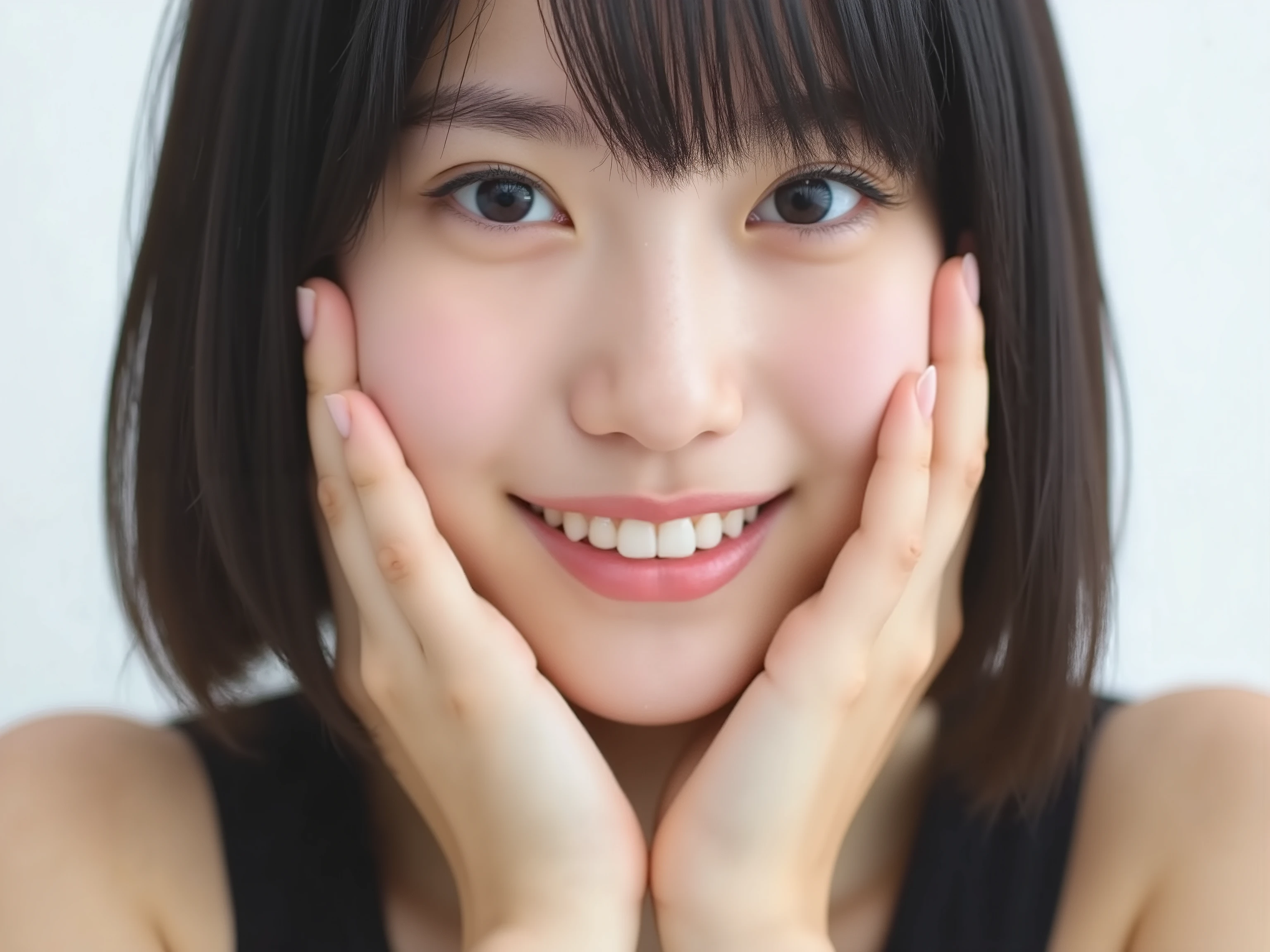 (Refined from an old photo, recreated in a modern, ultra high-quality photorealistic style), 
Ultra photorealistic close-up portrait of a beautiful Japanese woman, 
upper-body shot, wearing a black outfit (completely out of frame, not visible), 
shoulders and collarbone softly exposed, 
both hands pressing her cheeks in a shy, lovestruck pose, 
sparkling eyes gazing dreamily at the viewer with overwhelming affection, 
cheeks blushing deeply with a sweet reddish glow, 
soft glossy lips curved into a bright, full, lovestruck smile, 
expression melting with love, playful, dreamy, adorably bashful, 
purely cute and lovestruck, overflowing with affection and warmth, 
smooth glowing skin texture with delicate details, 
hair softly framing her blushing face, slightly tousled, 
background pure white with gentle blur, 
(masterpiece, best quality, high resolution, intimate romantic close-up, cinematic magazine cover style)
