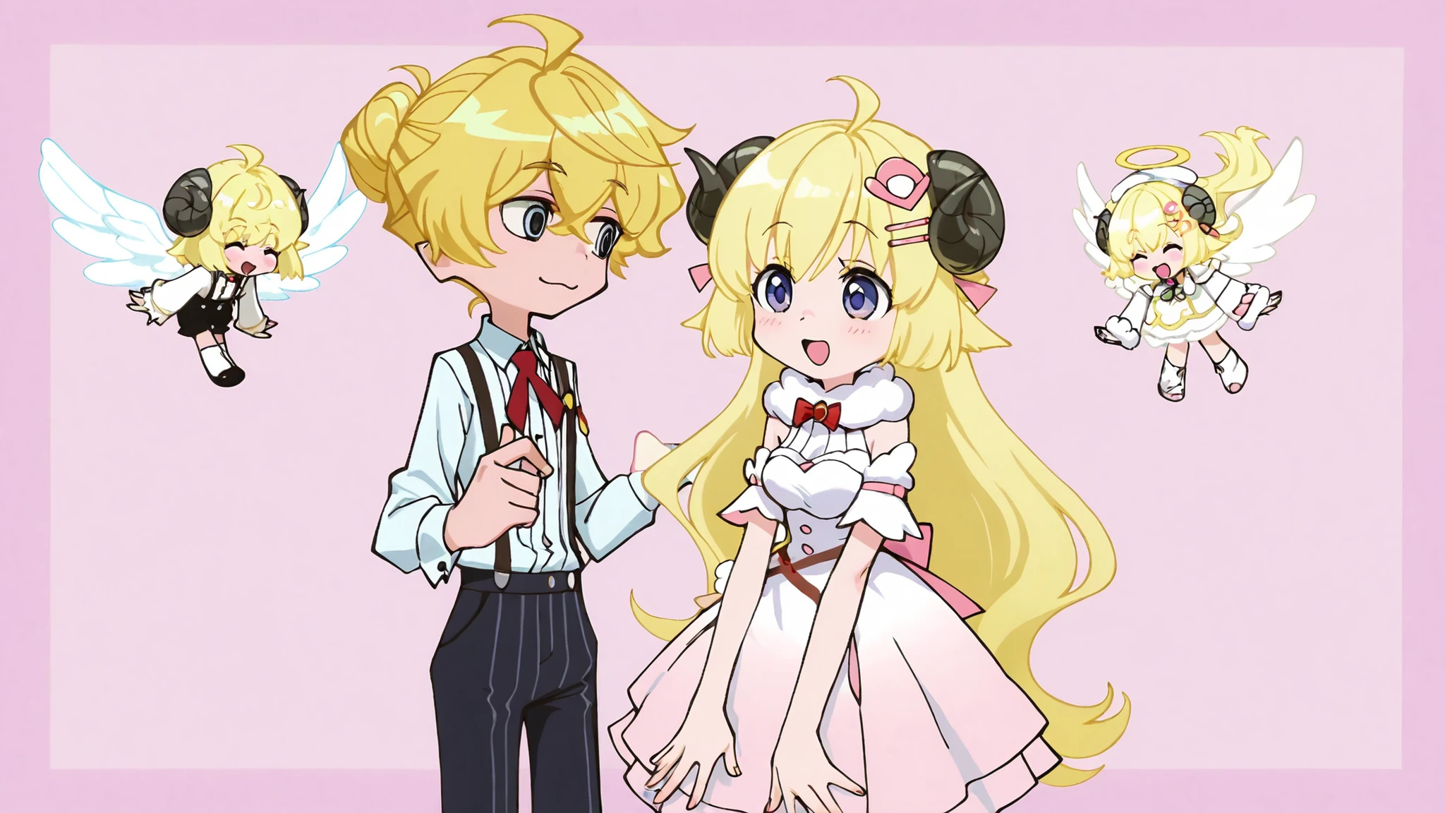 psg,tsunomaki_watame, watame_default_outfit, sheep_horn, ahoge, blonde hair,Single,Having angel wings,Wearing suspenders ,is an angel in suspenders