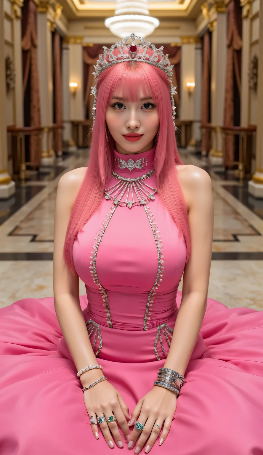 beautiful detailed portrait of a princess sitting in a luxurious dance hall, glamorous ballroom, body facing the camera, full body front POV, wearing a glamorous bright pink dress with turtle neck design, sleeveless, floor-length gown covering the entire body, thick long bright pink hair, adorned with numerous jewels and precious stones on the dress and body, diamond necklace, pearl bracelets, emerald rings, sapphire earrings, ruby tiara, ornate gold embellishments, royal posture, elegant pose, soft chandelier lighting, marble floors, gilded pillars, velvet curtains, high-end photography, photorealistic, 8K resolution, professional studio lighting, cinematic atmosphere