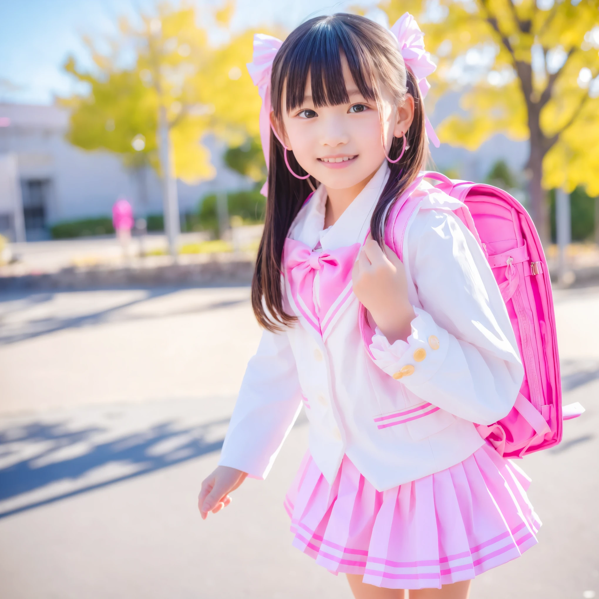 (8k,  Highest Quality, masterpiece:1.2),   ultra high res,  complicated details,  1 girl,  10 years old,beautiful faces, Smile Yan,Elementary school graduation clothes, （blazer after face、long sleeve,Ruffled Sleeves,white ruffle blouse,adorned in a cute way with ruffles and pink ribbons,medium skirt、Pink ruffled skirt,Panniers,pink backpack on the back:1.0）,  small breasts, round bulging hoop skirt,,staring at the camera, 