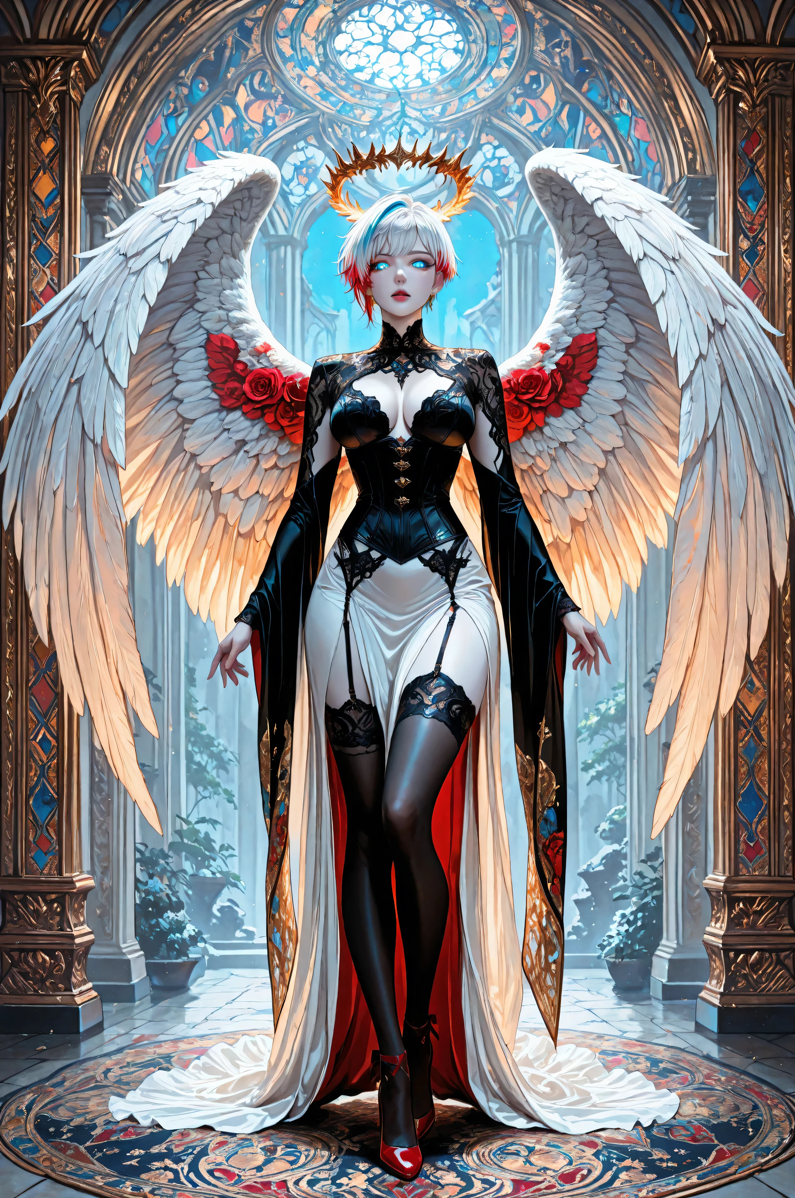 aidmaMJ6.1,a picture of magnificent  female angel, busty, dynamic hair color, pixie cut hair, shining blue eyes, white wings, wearing intricate elegant black leather dress, wearing red high heels, spread angel wings, pale skin, white hair, colorful hair, colorful eyes, glowing eyes, white dress with golden pattern, Halo, fantasy,  black silk corset, black stockings, garter belt masterpiece, best quality, amazing quality