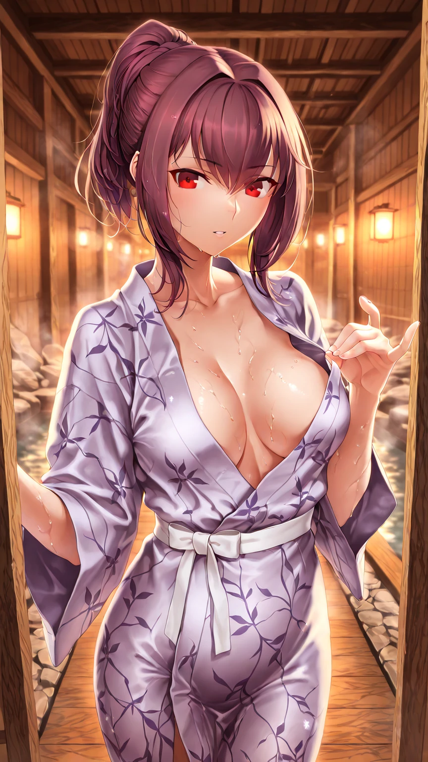 Nao Tomori, 1girl, 独奏, blue eyes, petite girl, 独奏, handsome body, nice feet, [beautiful ], Attractive, winning, 詳細な目, Sharp pupils, a perfect face, Detailed hair, [, High contrast, sharp-focus, Masterpiece, Best Quality, Highly detailed, HDR, Highest Quality, hight resolution, sharp-focus, 8K,  dinamic lighting, realistic shadows, Masterpiece, best quality, 1 girl, yukata, yukata open,  visible,  visible,  visible, , , , yukata open, garter belt, stockings,  pose, standing, yukata opens, on the street, people in  the background , embarrassment, blushes, bottom view, no panties, looking down, Smile