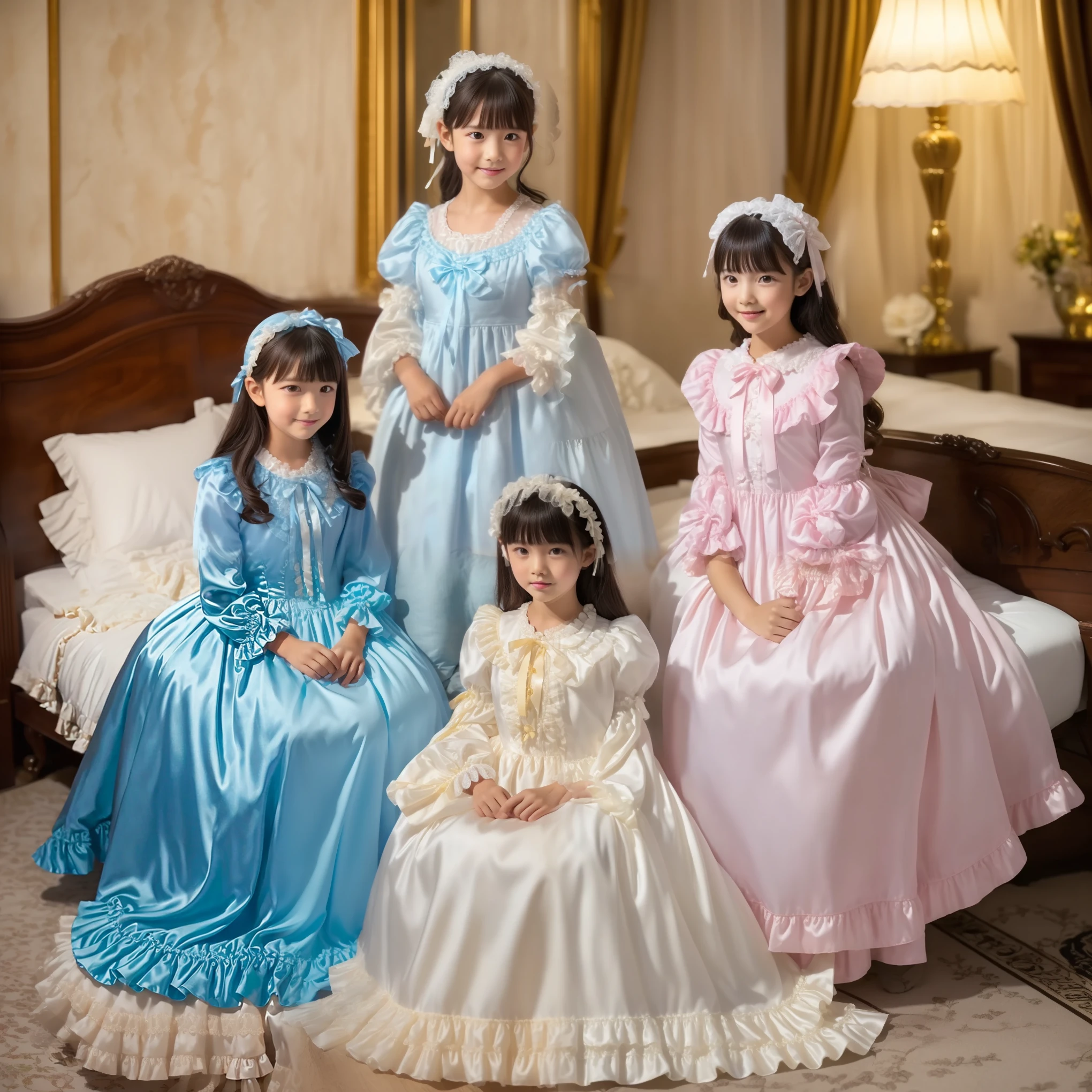 ((Distant view,Full Body,simple background:1.0)),Highest Quality, masterpiece, highest resolution, art work, super それにget used to it, many get used to it, get used to it, それにget used to it, 3k photos,,The Three Dames of the Noble Family, ((10 Year Old Japanese Girls:Short Height)),super fine young face,,lovely smile,baby-like face,is short,,(((straight long hair))),,(((Pastel silk satin nightgown with lots of ruffles and bows,1920s style Victorian nightgown:1.2))),soft luster silk satin fabric,((ruffle mob cap with ribbon)),((detailed yoke color with ruffles and ribbons,detailed ruffle placket:1.0)),((long sleeve,puff sleeve with ribbon,Ruffle sleeves)),((ruffle long skirt up to the ankle:1.0)),((Full Bodyが映っている)),, white ruffle socks,