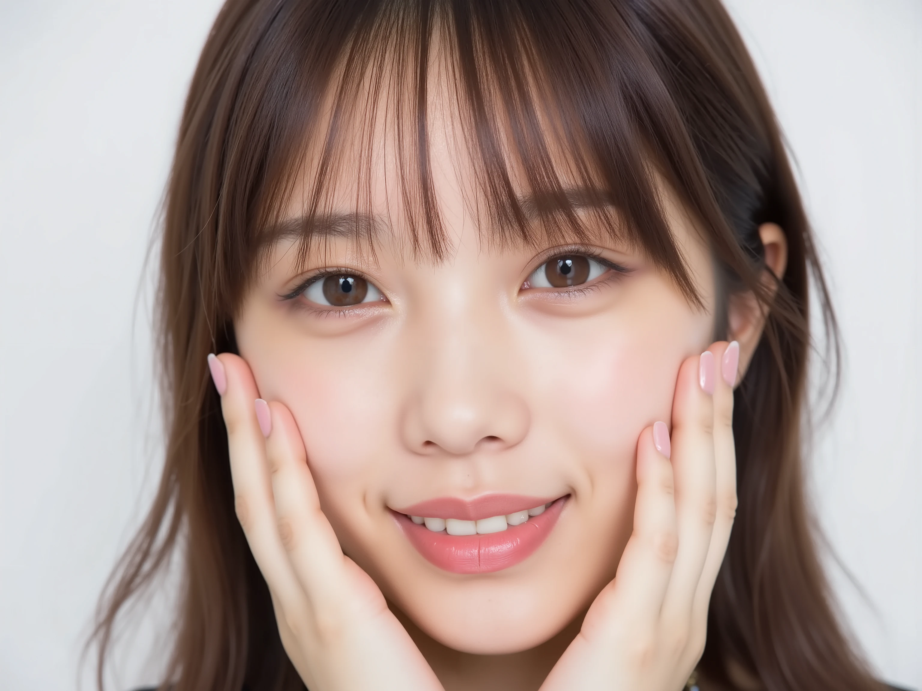 (Refined from an old photo, recreated in a modern, ultra high-quality photorealistic style),
Ultra photorealistic close-up portrait of a beautiful Japanese woman,
upper-body shot, wearing a black outfit (completely out of frame, not visible),
shoulders and collarbone softly exposed,
both hands pressing her cheeks in a shy, lovestruck pose,
sparkling eyes gazing dreamily at the viewer with overwhelming affection,
cheeks blushing deeply with a sweet reddish glow,
soft glossy lips curved into a bright, full, lovestruck smile,
expression melting with love, playful, dreamy, adorably bashful,
purely cute and lovestruck, overflowing with affection and warmth,
smooth glowing skin texture with delicate details,
hair softly framing her blushing face, slightly tousled,
background pure white with gentle blur,
(masterpiece, best quality, high resolution, intimate romantic close-up, cinematic magazine cover style)