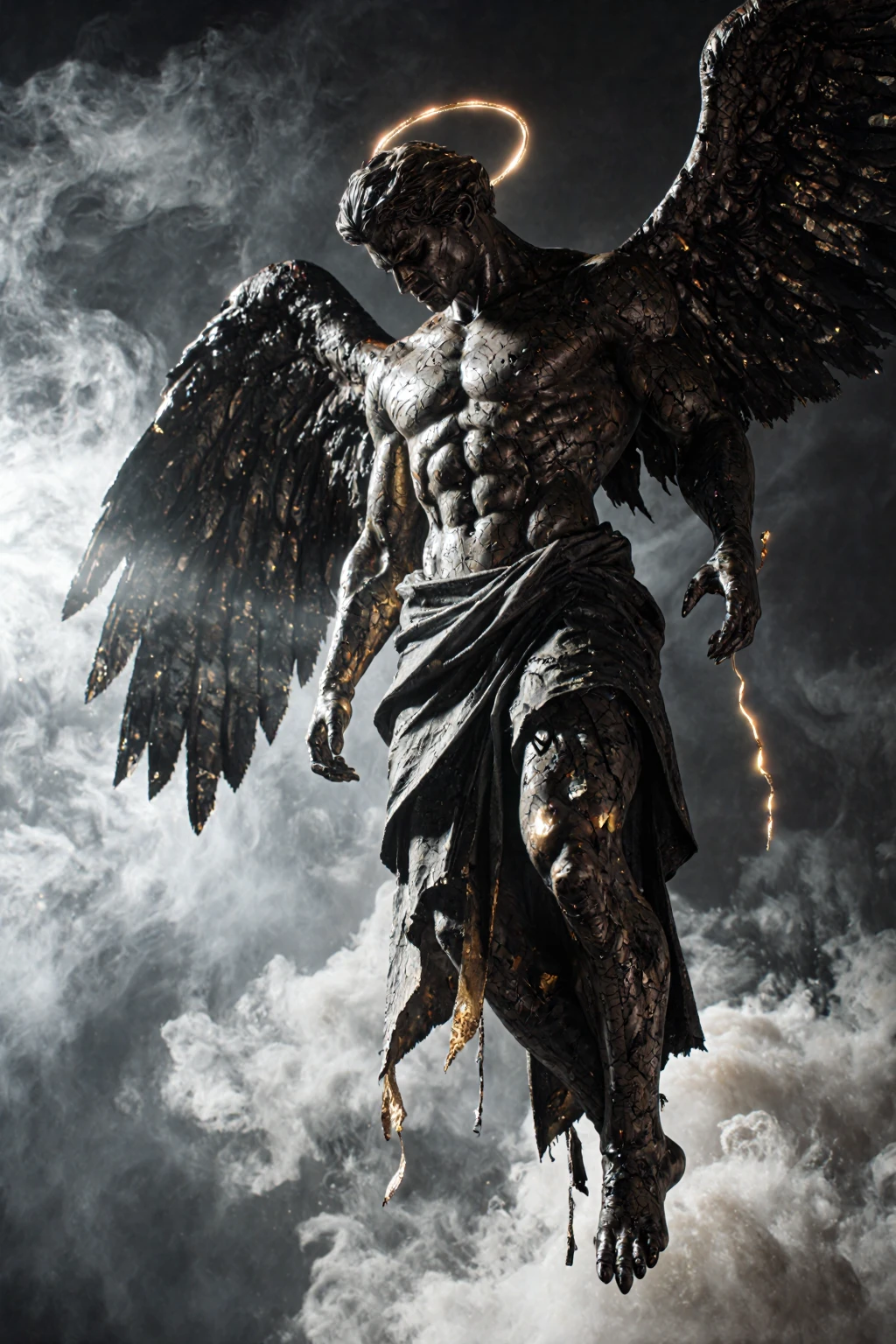 Photo-realistic, ((best quality)), ((masterpiece)), (detailed), perfect face, short hair, the devil, masculine portrait of the devil, personification of The Devil, evil look, super pale skin, (dark massive huge majestic black angel wings:1.2), black dragon horns, 18-year-old, super male model, handsome, tall, cute evil looking, dark look powerful, young male model, handsome mythical creature, super strong, muscular, fit, massive muscles, six pack, clean shave, blue eyes. wavy messy brown hair, short messy hair, messy wavy hair, , -chested, muscle, ripped, strong body, fit body, ancient linen Greek small skirt, antique black linen cloth skirt, Dark background 8k, high detailed, ultra-detailed, Stylish Pose, real skin texture, dramatic cinematic lighting, ruins Gothic cathedral, ruins, fire, (floor burning:1.4)