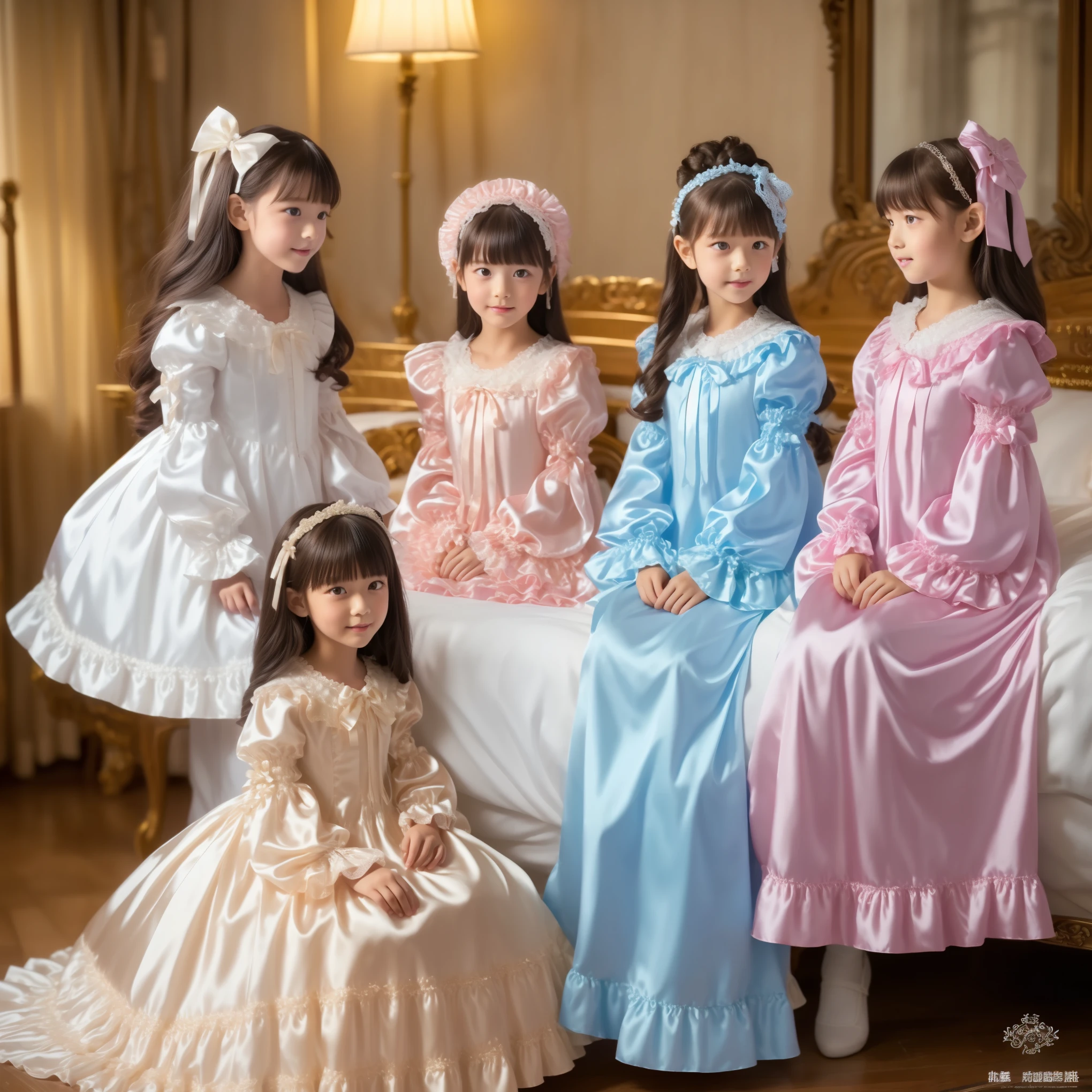 ((Distant view,Full Body,simple background:1.0)),Highest Quality, masterpiece, highest resolution, art work, super それにget used to it, many get used to it, get used to it, それにget used to it, 3k photos,,The Three Dames of the Noble Family, ((10 Year Old Japanese Girls)),super fine young face,,lovely smile,baby-like face,,(((straight long hair))),,(((Pastel silk satin nightgown with lots of ruffles and bows,1920s style Victorian nightgown:1.2))),soft luster silk satin fabric,((ruffle mob cap with ribbon)),((detailed yoke color with ruffles and ribbons,detailed ruffle placket:1.0)),((long sleeve,puff sleeve with ribbon,Ruffle sleeves)),((ruffle long skirt up to the ankle:1.0)),((Full Bodyが映っている)),, white ruffle socks,