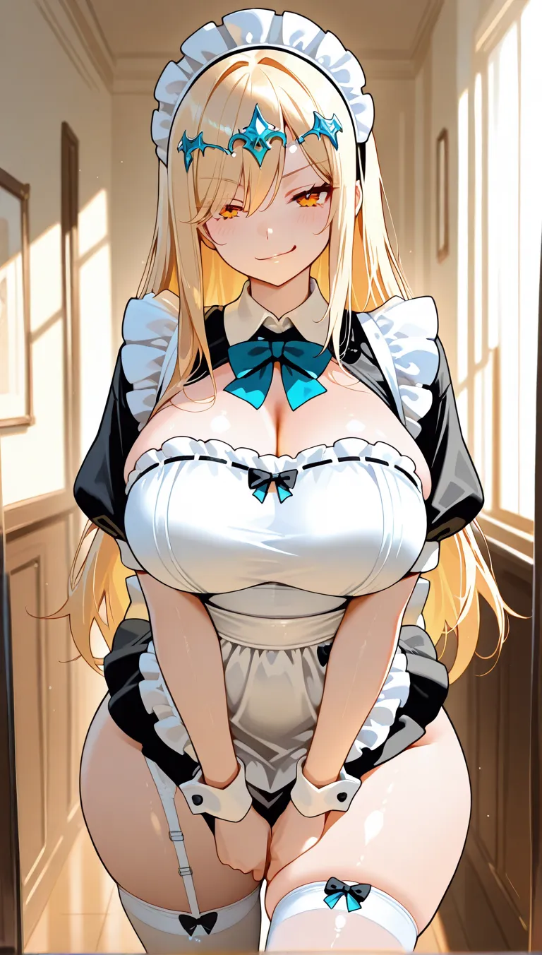 1 girl, Alone, long hair, bright blonde hair,  (:1.3), (translucent white apron), wet apron, WET BODY, , , shiny skin, oiled skin, Thighs, coffee background,  (blush:1.3), , sweaty hair, body with sweat, purple eyes, marked , using a red ribbon in her hair, leaning towards the viewer and offering a cup of coffee on a tray, angry and upset. 