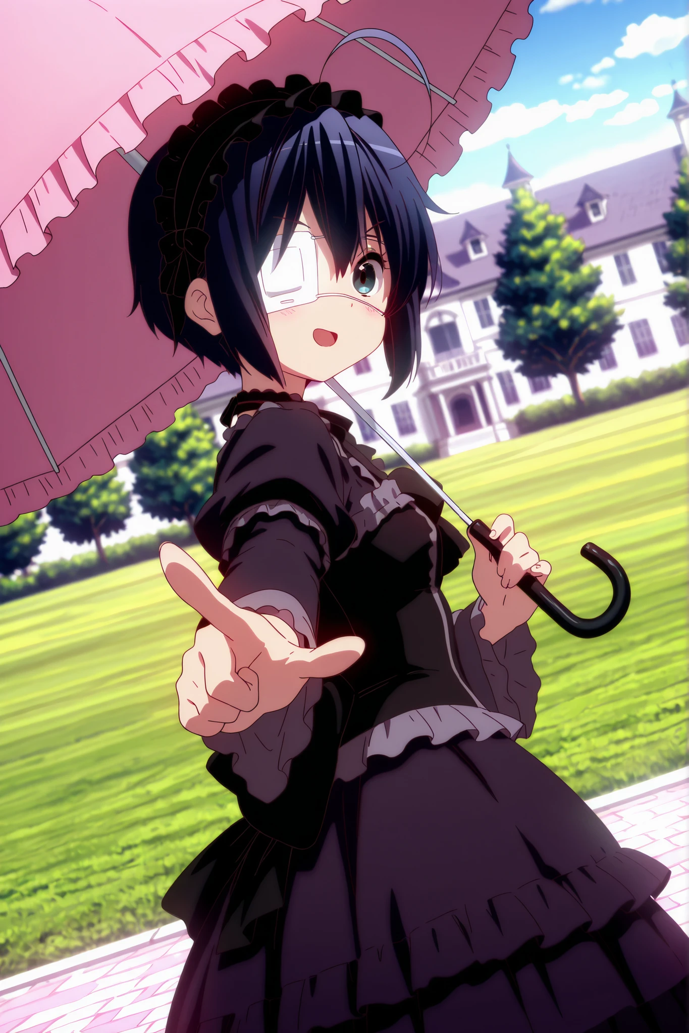 8K,HDR,best quality, high quality,amazing quality,highly detailed,ultra detailed,high resolution, absurdres, newest,(anime screencap:1),(anime coloring:1),(anime style:1),perfect eyes,detail1eye,well-defined fingers,(perfect anatomy:1), (perfect fingers,5 fingers:1),cowboy shot,from side,dynamic angle,
BREAK
1girl,solo,"takanashi_rikka \ (chuunibyou_demo_koi_ga_shitai! \)",Rikka Takanashi,"eye patch,white medical eyepatch",
{{mature famele}},
BREAK
gothic lolita,frill headdress,
BREAK
smug,doyagao,light blush, open mouth,standing,
dynamic pose,{{pointing at viewer,pointing}},"holding parasol, pink parasol,
black ruffle",looking at viewer,
BREAK
outdoors,western-style mansion,tree,day,peaceful atmosphere