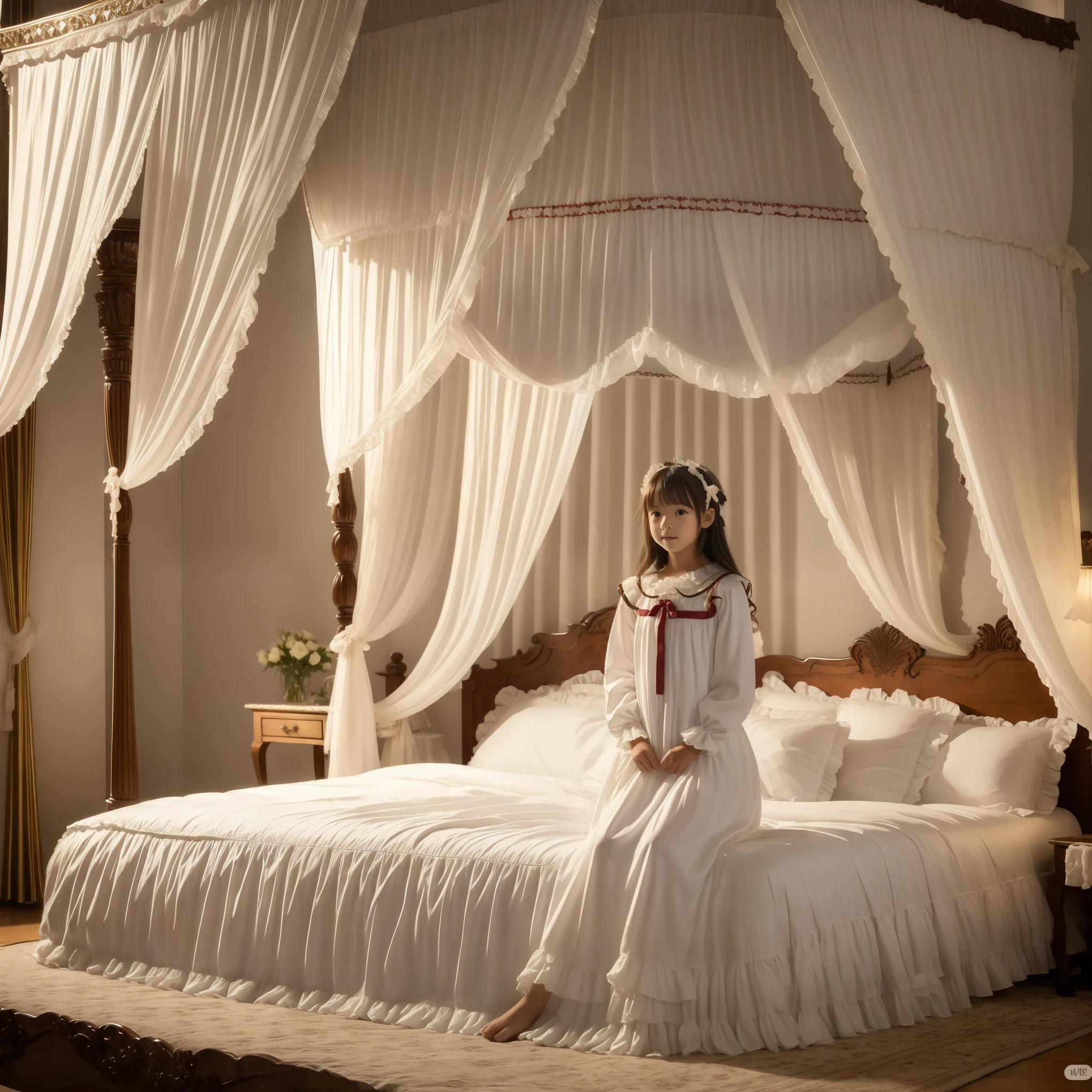 ((Distant view,Full Body,simple background:1.0)), 10 year old girl in nightgown,On a Canopy Bed,Highest Quality, masterpiece, highest resolution, art work, super それにget used to it, many get used to it, get used to it, それにget used to it,