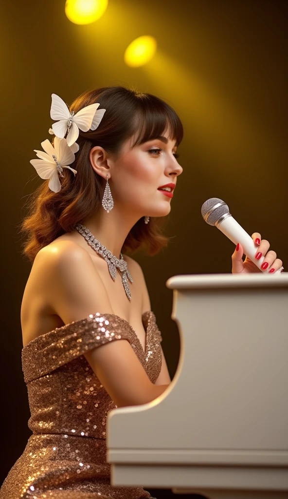 A young woman sits gracefully next to a white grand piano on stage, looking elegant, calm and charming. Her slightly wavy shoulder-length brown hair with bangs framing her round face is adorned with elaborate large white flower accessories in the shape of beautiful butterflies and exquisite silver jewelry. She has flawless white skin. Her lips are painted with striking red lipstick, exuding confidence and charm. She has large, well-proportioned breasts. She wears a seductive off-the-shoulder evening dress with sparkling brown sequins, both seductive and sexy. Her appearance is further accentuated by the luxurious jewelry - a diamond necklace and matching drop earrings - sparkling under the lights, creating a look that is both stylish and professional. Her fingers rest lightly on the piano keys, pressing each key precisely, suggesting that she is about to play or perform. A sleek white microphone is placed near her lips, her lips slightly parted in a slight smile as she sings passionately into the microphone, showing that she can both sing and play an instrument. The warm yellow lighting on the stage of a talent show creates a modern and impressive concert atmosphere. The spotlights and soft lighting highlight her figure, casting a soft glow on her face and hair. The overall atmosphere is both lively and intimate, with the blurred image of the audience behind her watching her perform, helping to draw attention to her presence. The photo captures both her focus and elegance, portraying her as a talented artist immersed in music.