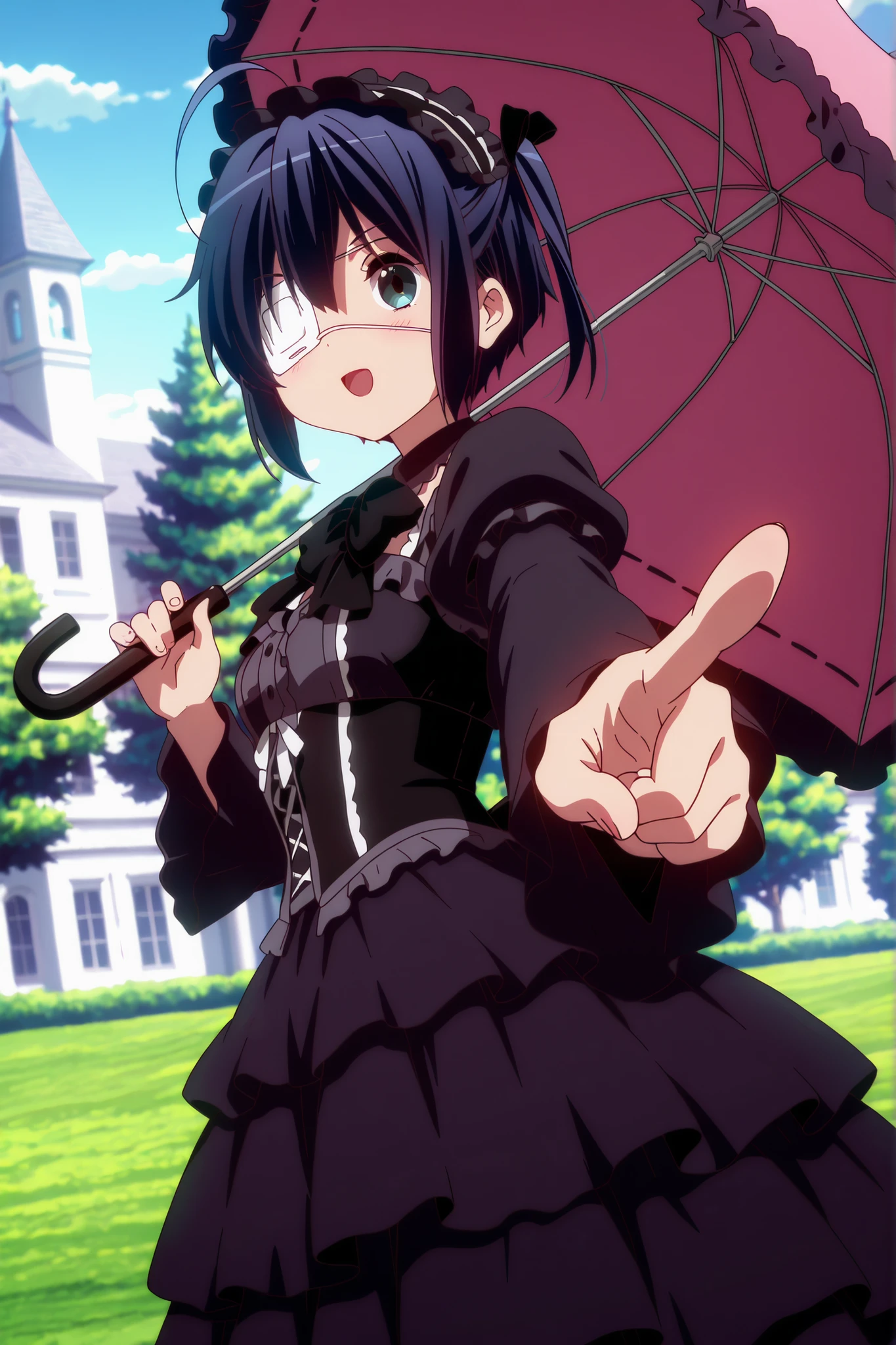 8K,HDR,best quality, high quality,amazing quality,highly detailed,ultra detailed,high resolution, absurdres, newest,(anime screencap:1),(anime coloring:1),(anime style:1),perfect eyes,detail1eye,well-defined fingers,(perfect anatomy:1), (perfect fingers,5 fingers:1),cowboy shot,from side,dynamic angle,
BREAK
1girl,solo,"takanashi_rikka \ (chuunibyou_demo_koi_ga_shitai! \)",Rikka Takanashi,"eye patch,white medical eyepatch",
{{mature famele}},
BREAK
gothic lolita,frill headdress,
BREAK
smug,doyagao,light blush, open mouth,standing,
dynamic pose,{{pointing at viewer,pointing}},"holding parasol, pink parasol,
black ruffle",looking at viewer,
BREAK
outdoors,western-style mansion,tree,day,peaceful atmosphere