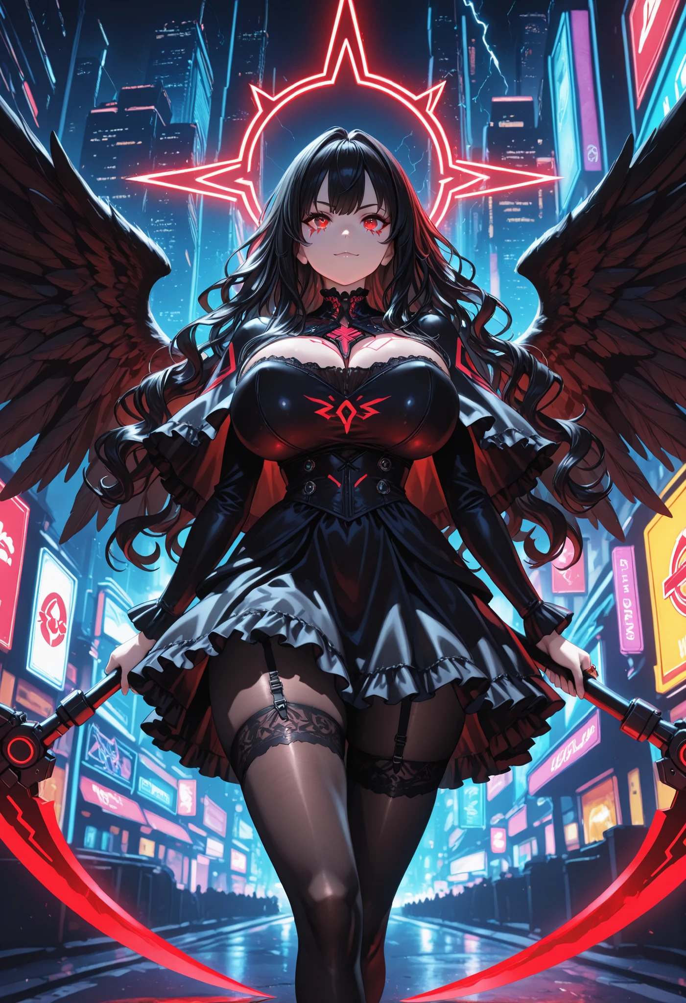 masterpiece, Hi-Res, Very High Definition, 8k, super detailed, Highest Quality, Young Angel, solo, tall, black wings, red angel ring , long black hair, wavy hair, Beautiful Character Designs, perfect contrast, anatomically accurate, beautiful faces, beautiful and delicate eyes, expressive eyes, red eyes, [fearless smiles], Gothic Black Dress,  Lining is red , pointy breasts:1.1, Slightly saggy huge breasts:1.2, wearing a garter belt, Black pantyhose, Beautiful Character Designs with Stylish Scythes, dynamic pose, night, cyberpunk world with knives and handguns, Neon Glowing Signs, thunder falls, Huge Buildings Seen in the Background