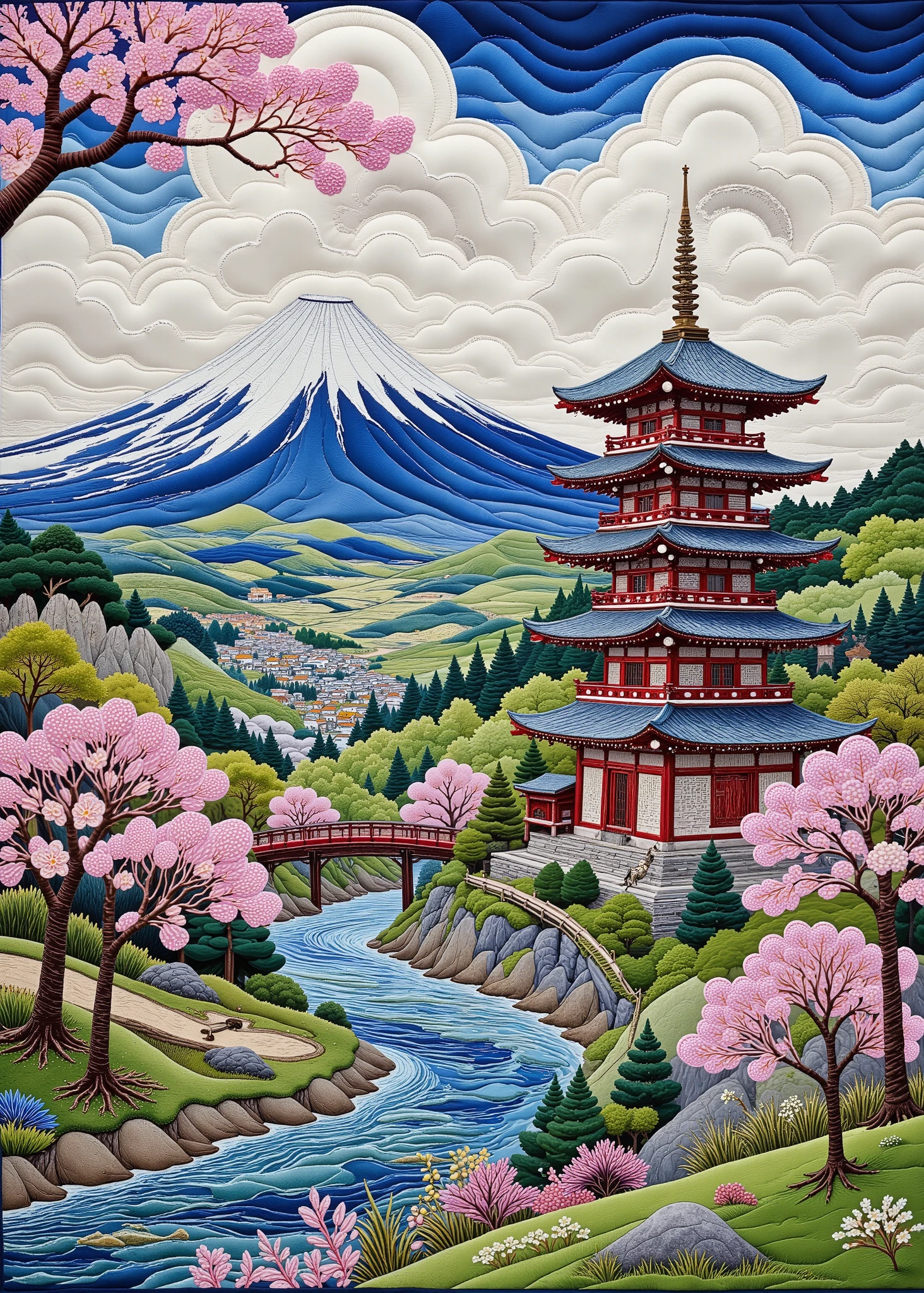masterpiece, Best Composition, Highest Quality, Patchwork Quilt World, Handmade style, Mt. Fuji、cherry blossoms、Green Plains、The vermilion five-story pagoda、Arakurayama Sengen Park、famous tourist photos