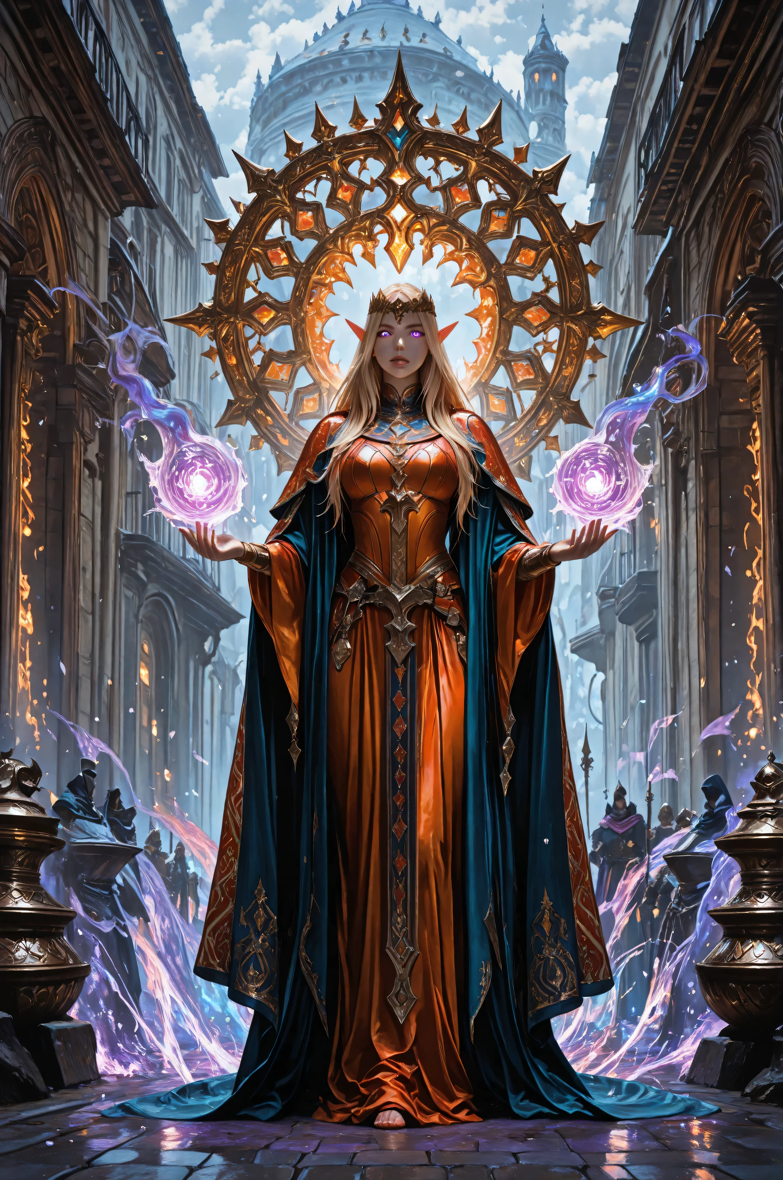 aidmaMJ6.1,,a portrait of a female elf (intense details, Masterpiece, best quality) fantasy cleric, fantasy celestial guardian, armed with a holy symbol, shinning holy symbol, metallic shine, an ultra wide shot, full body (intense details, Masterpiece, best quality)epic beautiful woman, blond hair with red highlights , rich hair, purple glowing eyes, action shot, colorful magical sigils in the air, colorful divine markings floating, holding a holy symbol (intricate details, Masterpiece, best quality), fantasy magical urban street  in elven city (intense details, Masterpiece, best quality), multi colored cloak cloak, long cloak, orange armor, sense of daring, sense of adventure, high details, best quality, 16k, [ultra detailed], masterpiece, best quality, (extremely detailed), dynamic angle, ultra wide shot, photorealistic, RAW, fantasy art, dnd art,fantasy art, realistic art