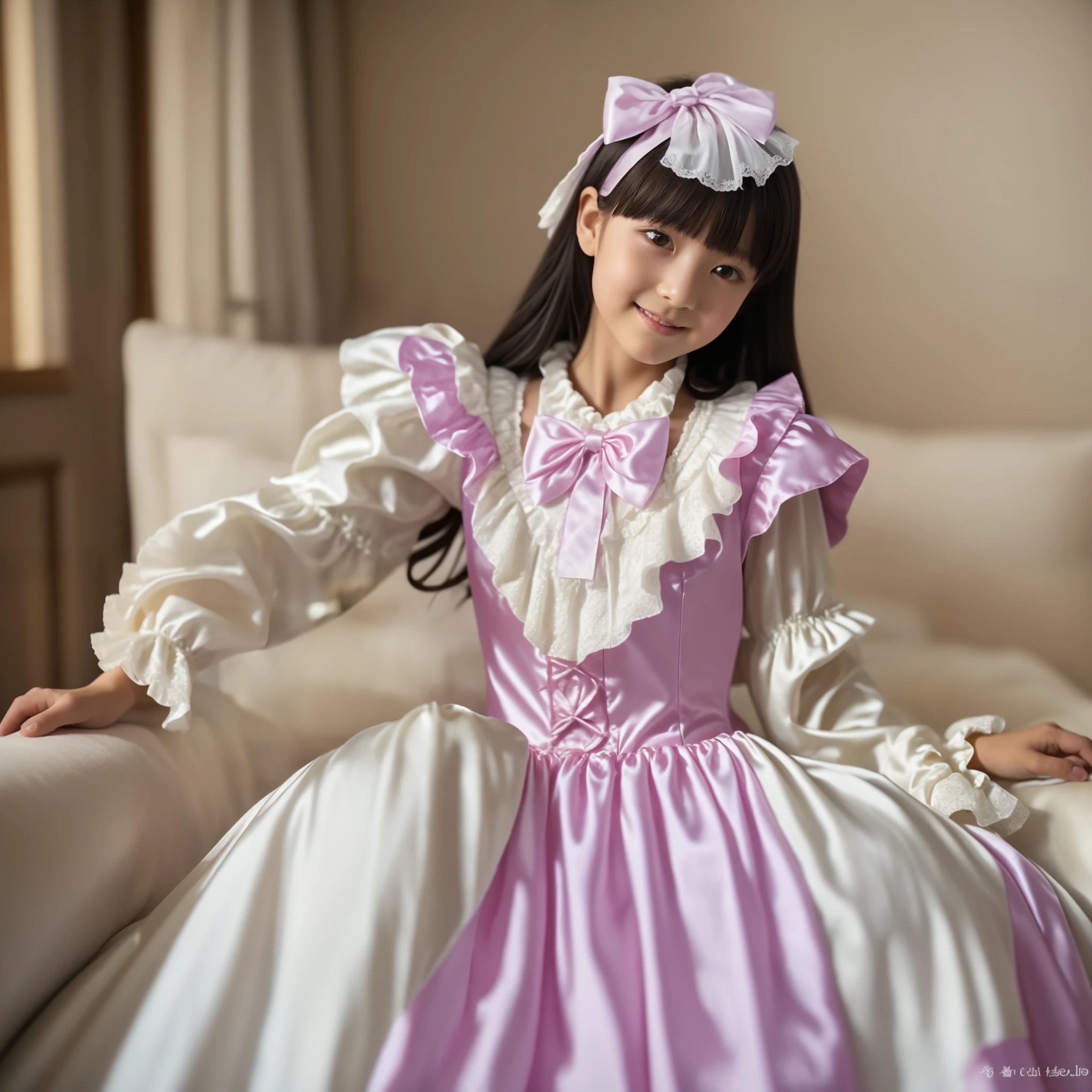 ((Distant view,Full Body,simple background:1.0)),Highest Quality, masterpiece, highest resolution, art work, super それにget used to it, many get used to it, get used to it, それにget used to it, 3k photos,,, ((10 Year Old Japanese Girls)),super fine young face,,lovely smile,baby-like face,,(((straight long hair))),,(((Pastel silk satin nightgown with lots of ruffles and bows,1920s style Victorian nightgown:1.2))),soft luster silk satin fabric,((ruffle mob cap with ribbon)),((detailed yoke color with ruffles and ribbons,detailed ruffle placket:1.0)),((long sleeve,puff sleeve with ribbon,Ruffle sleeves)),((ruffle long skirt up to the ankle:1.0)),white ruffle socks,