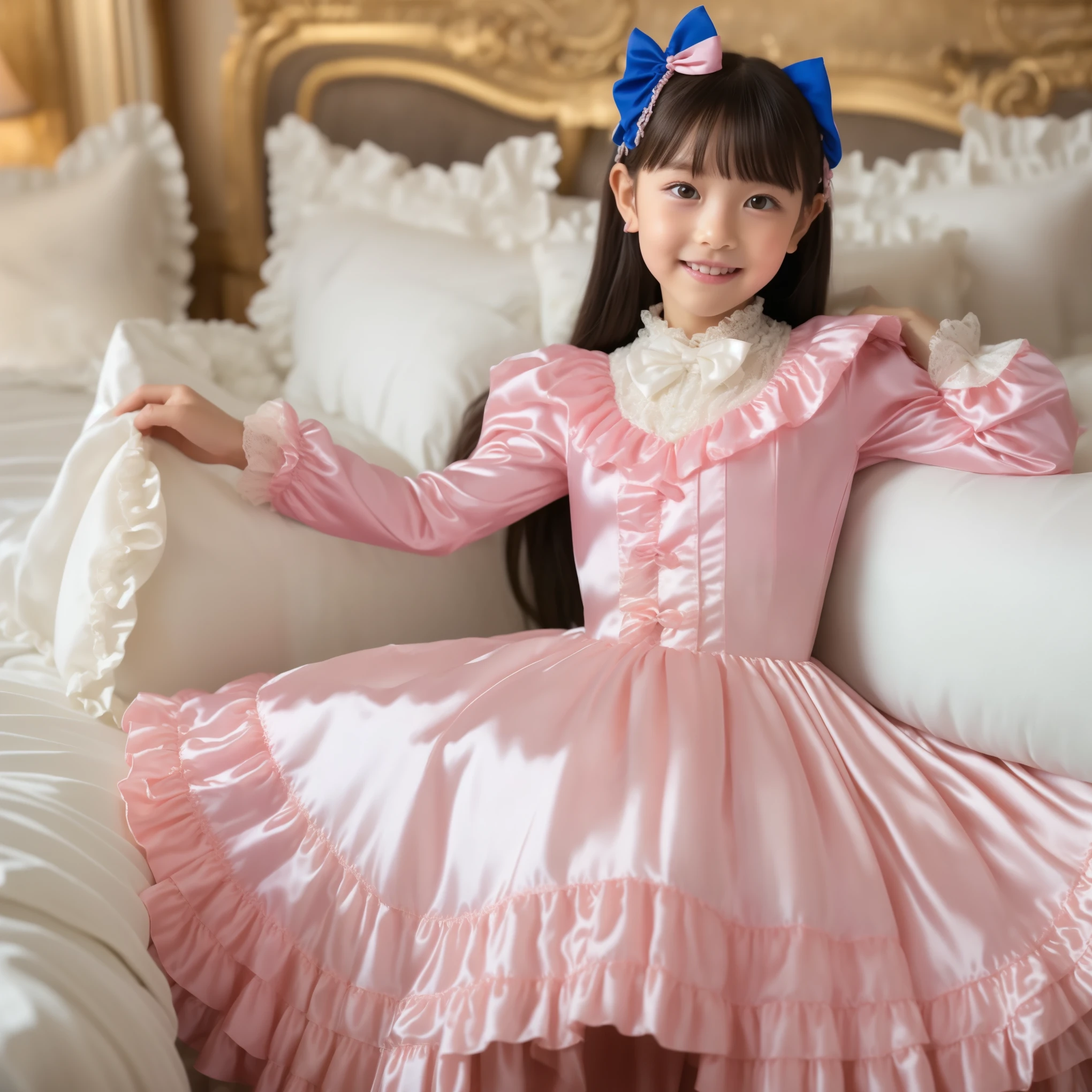 ((Distant view,Full Body,simple background:1.0)),Highest Quality, masterpiece, highest resolution, art work, super それにget used to it, many get used to it, get used to it, それにget used to it, 3k photos,,, ((10 Year Old Japanese Girls)),super fine young face,,lovely smile,baby-like face,,(((straight long hair))),,(((Pastel silk satin nightgown with lots of ruffles and bows,1920s style Victorian nightgown:1.2))),soft luster silk satin fabric,((ruffle mob cap with ribbon)),((detailed yoke color with ruffles and ribbons,detailed ruffle placket:1.0)),((long sleeve,puff sleeve with ribbon,Ruffle sleeves)),((ruffle long skirt up to the ankle:1.0)),white ruffle socks,