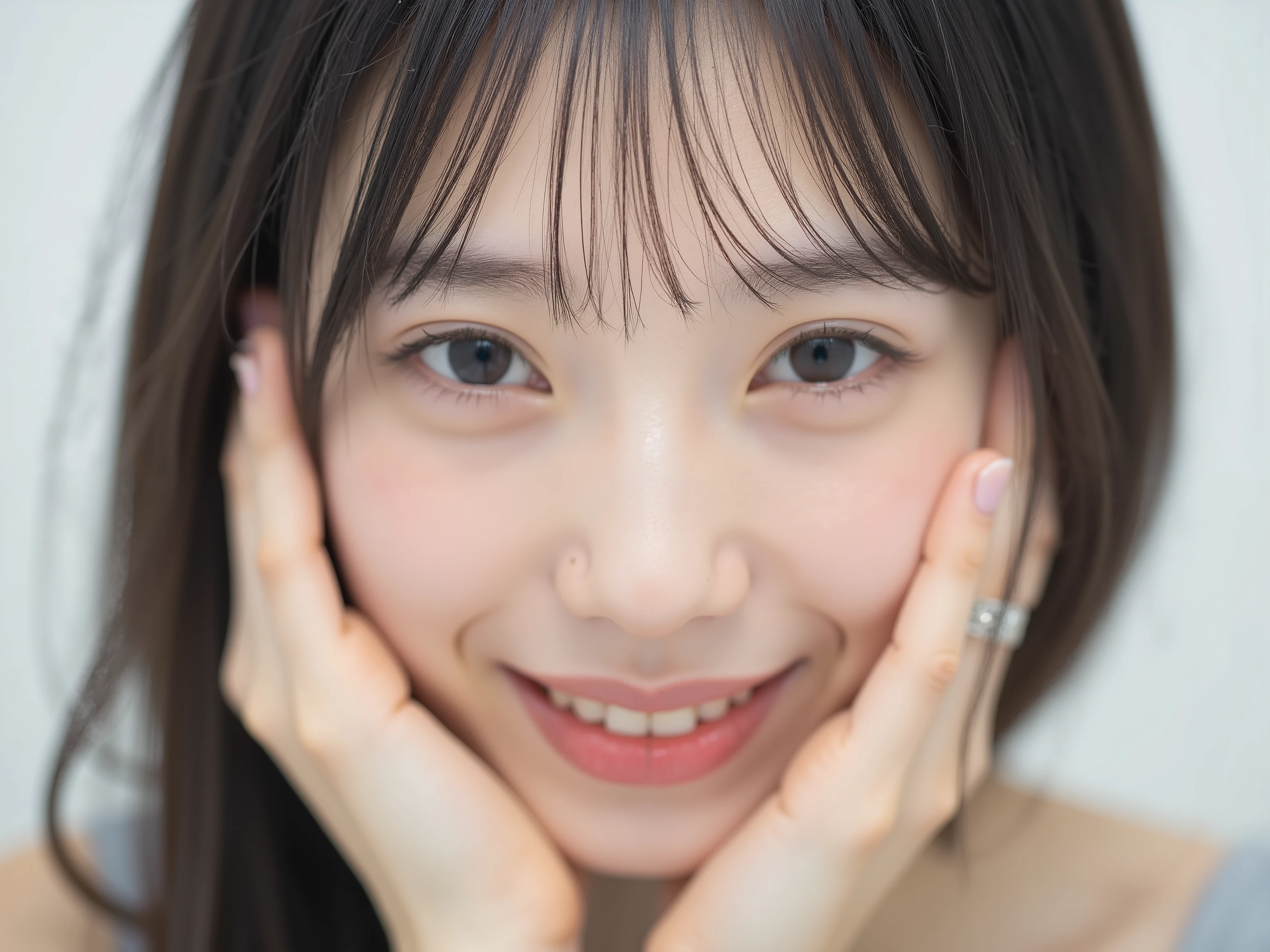 (Refined from an old photo, recreated in a modern, ultra high-quality photorealistic style),
Ultra photorealistic close-up portrait of a beautiful Japanese woman,
upper-body shot, wearing a black outfit (completely out of frame, not visible),
shoulders and collarbone softly exposed,
both hands pressing her cheeks in a shy, lovestruck pose,
sparkling eyes gazing dreamily at the viewer with overwhelming affection,
cheeks blushing deeply with a sweet reddish glow,
soft glossy lips curved into a bright, full, lovestruck smile,
expression melting with love, playful, dreamy, adorably bashful,
purely cute and lovestruck, overflowing with affection and warmth,
smooth glowing skin texture with delicate details,
hair softly framing her blushing face, slightly tousled,
background pure white with gentle blur,
(masterpiece, best quality, high resolution, intimate romantic close-up, cinematic magazine cover style)