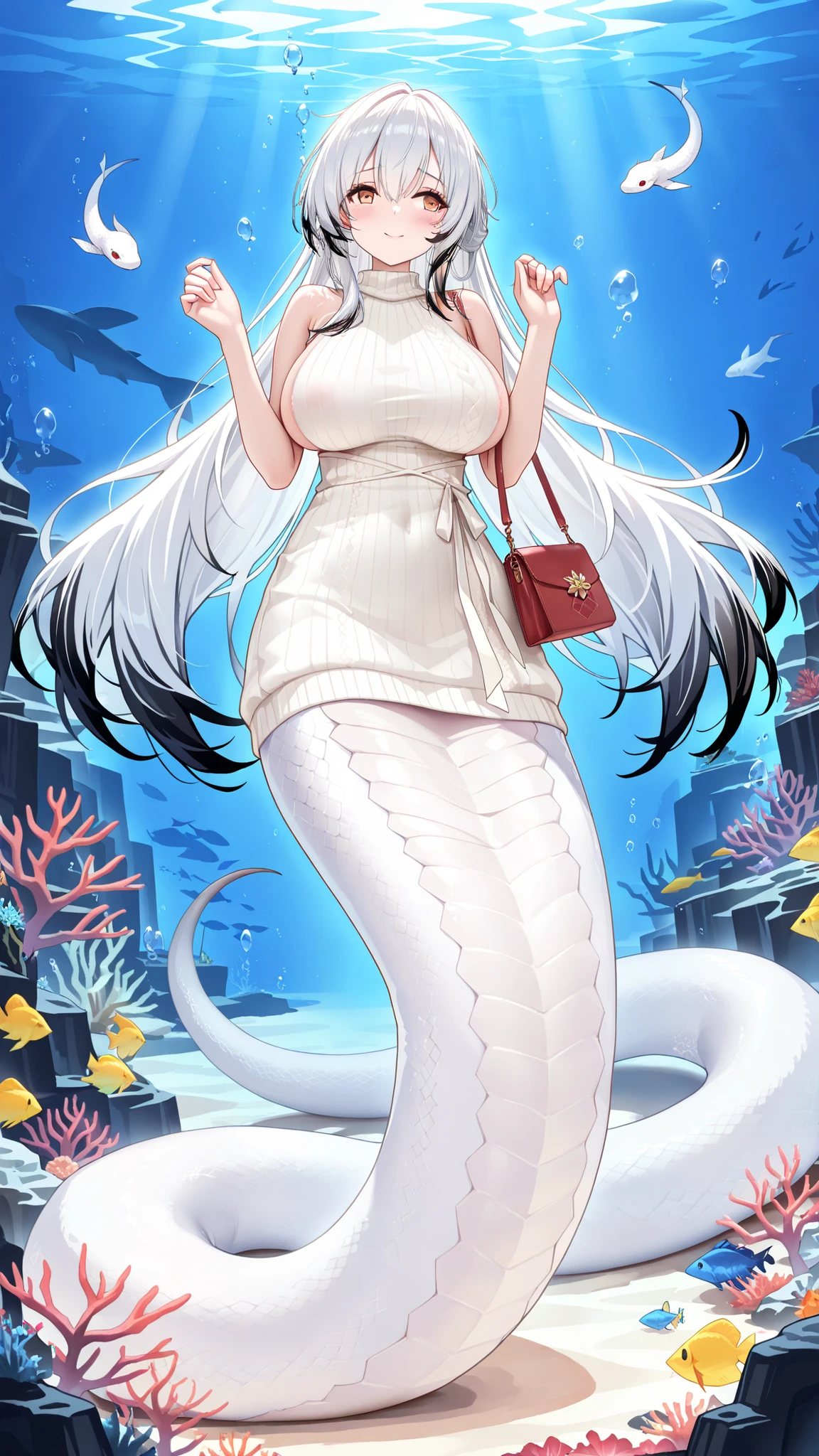 a mature woman,alone,Hai Tien (azur lane),white hair,multicolored hair, long hair,Dissemination,big boobs,blush,golden eyes,white sleeveless sweater,(Underwater:1.2),seabed,full body photo of the grade,masterpiece,Up to,HD,amazing quality,is very beautiful, Delicate eyes,is very beautiful,cute,absurd,(All five fingers ),Beautiful woman,lamia,is a white snake tail,Smile,Shy,No legs,handbag