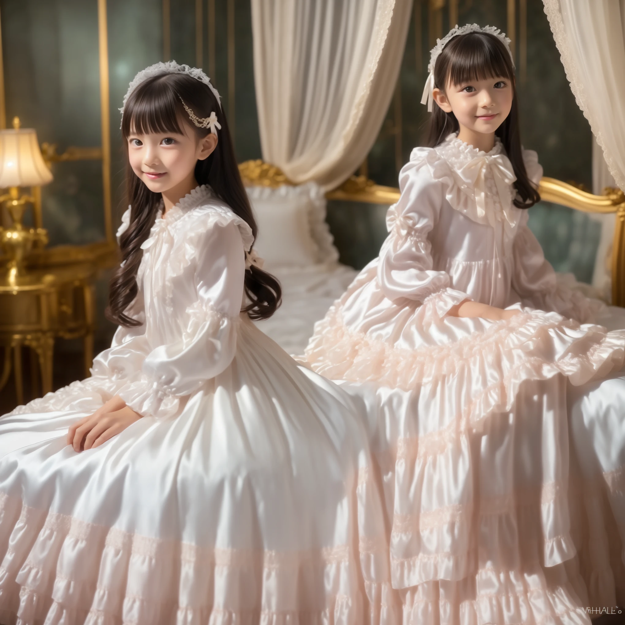 ((Distant view,Full Body,simple background:1.0)),Highest Quality, masterpiece, highest resolution, art work, super それにget used to it, many get used to it, get used to it, それにget used to it, 3k photos,,, (( 10 year old Japanese girl)),super fine young face,,lovely smile,baby-like face,,(((straight long hair))),,(((Pastel silk satin nightgown with lots of ruffles and bows,1920s style Victorian nightgown:1.2))),soft luster silk satin fabric,((ruffle round hat with ribbon)),((detailed yoke color with ruffles and ribbons,detailed ruffle placket:1.0)),((long sleeve,puff sleeve with ribbon,Ruffle sleeves)),((ruffle long skirt up to the ankle:1.0)),white ruffle socks,