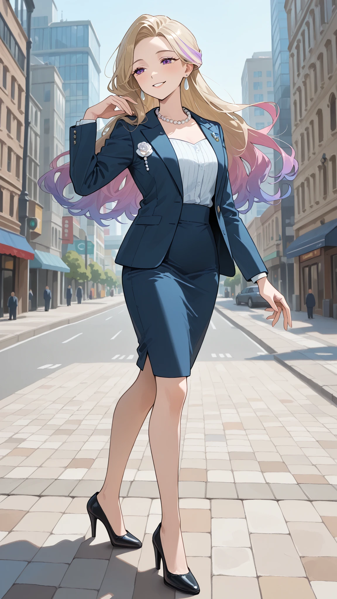 (masterpiece:1.37), best quality, (extremely detailed:1.37) woman, (adult:1.5), (very long hair:1.5), dark purple hair, purple eyes, (extremely detailed eyes:1.37), breasts, business suit, necktie, (very long pencil skirt:2.0), pantyhose, (wetting herself:2.0), arms behind back, standing straight, full body day, daytime, glow, facing viewer, perfect composition, full body, city, street