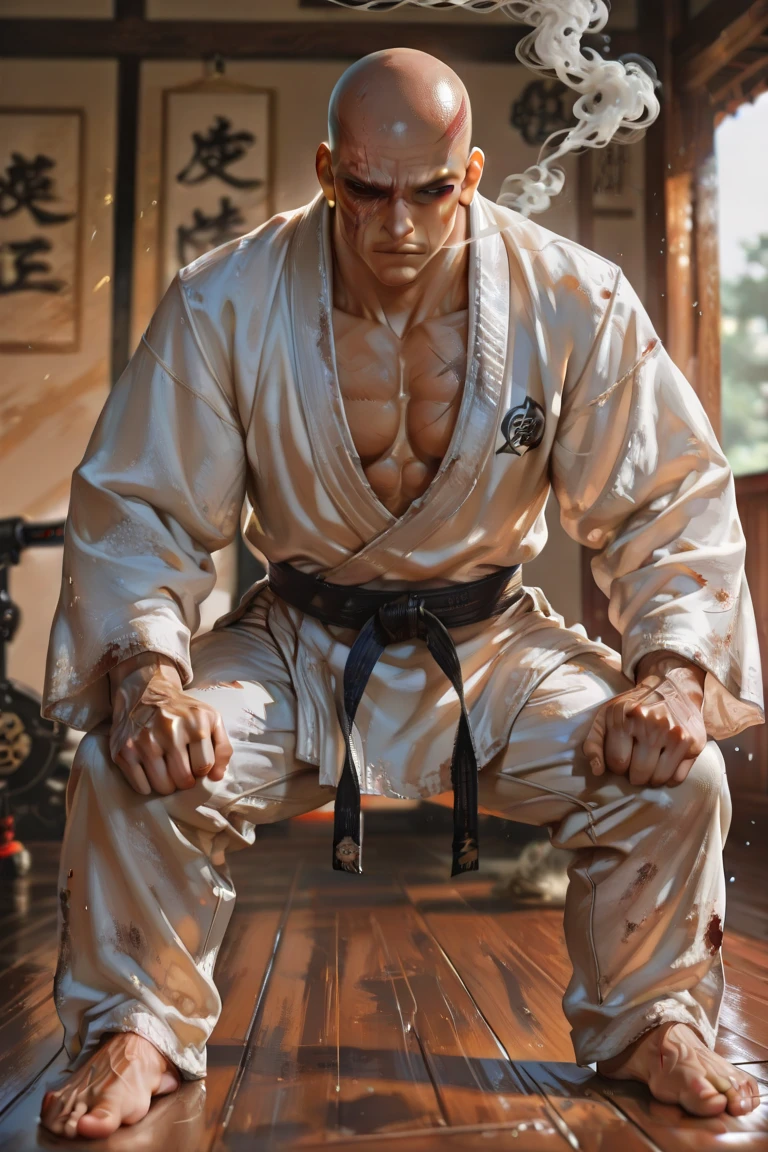 Masterpiece, denoise, void noise, one man, best quality, 8k resolution, male focus, focus only, amazing composition, volumetric lighting, super quality, elegant, Very detailed, front view, facing viewer, -----------, 35 years old, mature face, muscular, Caucasian, (((white skin, pale skin))), handsome, (detailed light-blue eyes), ((light blonde hair, messy medium hairstyle)), big ears, (hairy pectorals, thick plenty chest and body hair), (medium long beard), (((((Jim Sturgess mixed with Russell Tovey))))), (((big , perky ))), ------------, (((detailed white karate trousers))), (((white karate top))), (((karate black belt))), ((sitting)), (((close-up)))