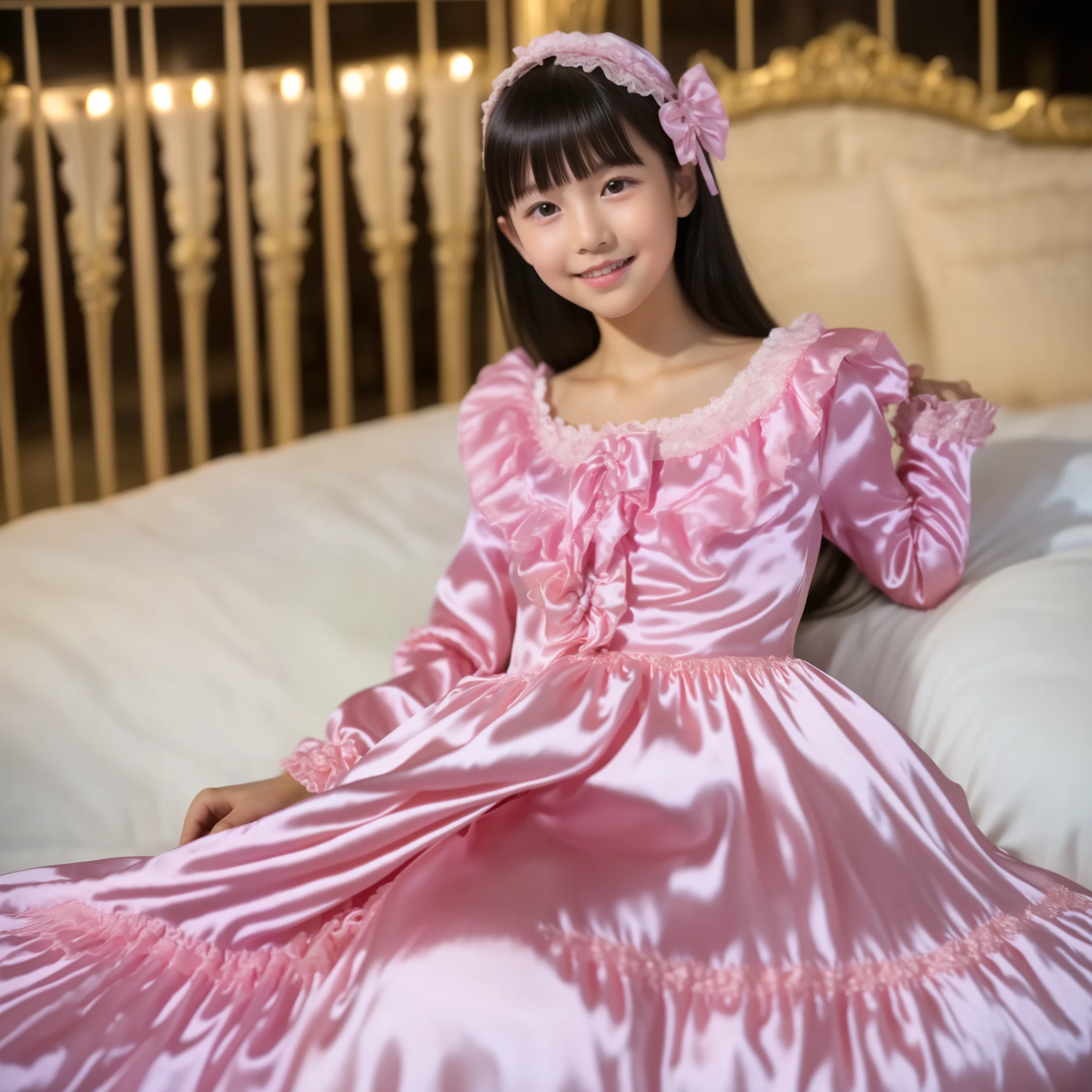 ((Distant view,Full Body,simple background:1.0)),Highest Quality, masterpiece, highest resolution, art work, super それにget used to it, many get used to it, get used to it, それにget used to it, 3k photos,,, (( 10 year old Japanese girl)),super fine young face,,lovely smile,baby-like face,,(((straight long hair))),,(((hot pink silk satin nightgown with lots of ruffles and bows,1920s style Victorian nightgown:1.2))),((ruffle round hat with ribbon)),((detailed yoke color with ruffles and ribbons,detailed ruffle placket:1.0)),((long sleeve,puff sleeve with ribbon,Ruffle sleeves)),((ruffle long skirt up to the ankle:1.0)),white ruffle socks,