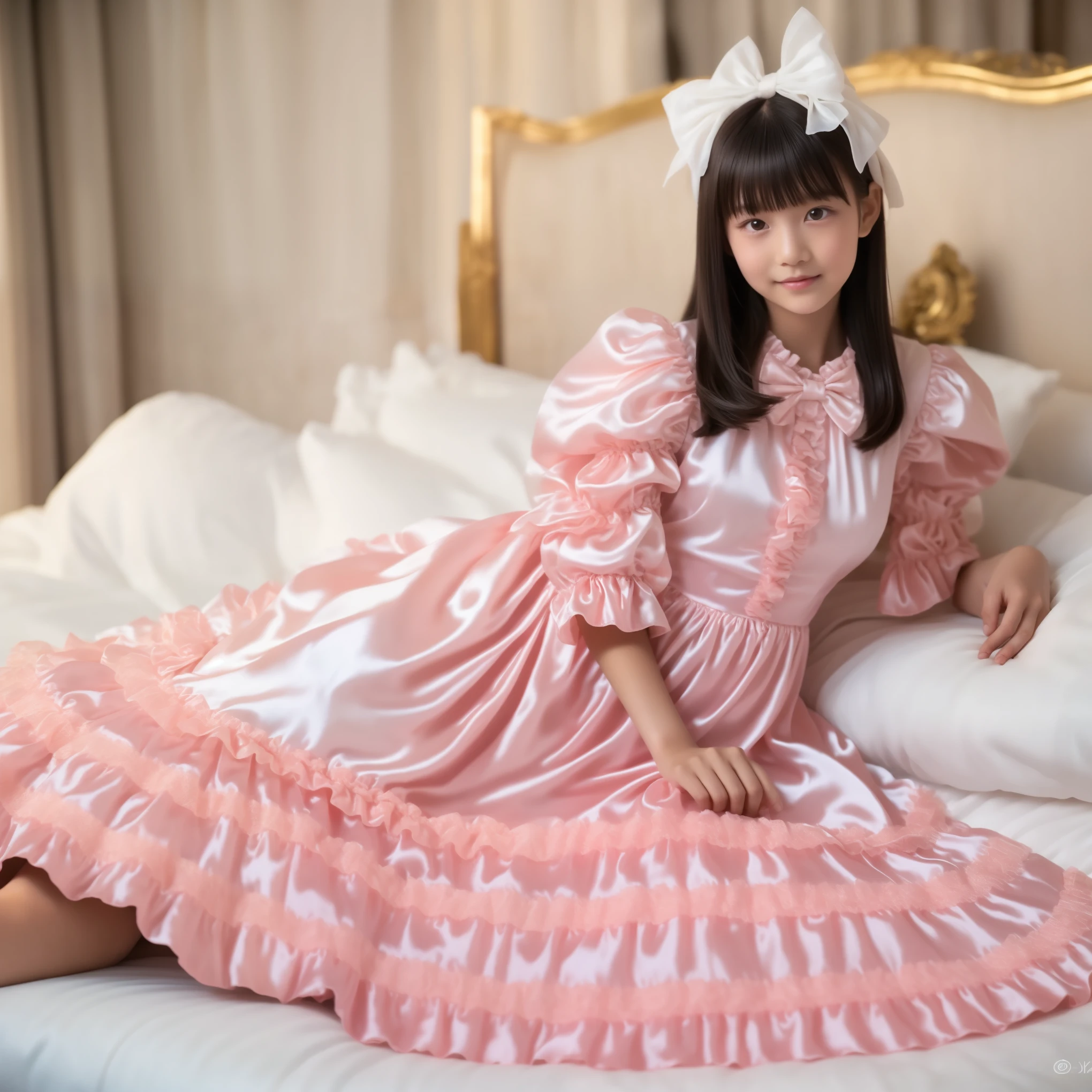 ((Distant view,Full Body,simple background,on the bed:1.0)),Highest Quality, masterpiece, highest resolution, art work, super それにget used to it, many get used to it, get used to it, それにget used to it, 3k photos,,, ((10 Year Old Japanese Girls)),super fine young face,,lovely smile,baby-like face,,(((straight long hair))),,(((Pastel colored silk satin dress with lots of ruffles and bows:1.2))),soft luster silk satin fabric,((ruffle mob cap with ribbon)),((detailed yoke color with ruffles and ribbons,detailed ruffle placket:1.0)),((long sleeve,puff sleeve with ribbon,Ruffle sleeves)),((ruffle long skirt up to the ankle:1.0)),white ruffle socks,