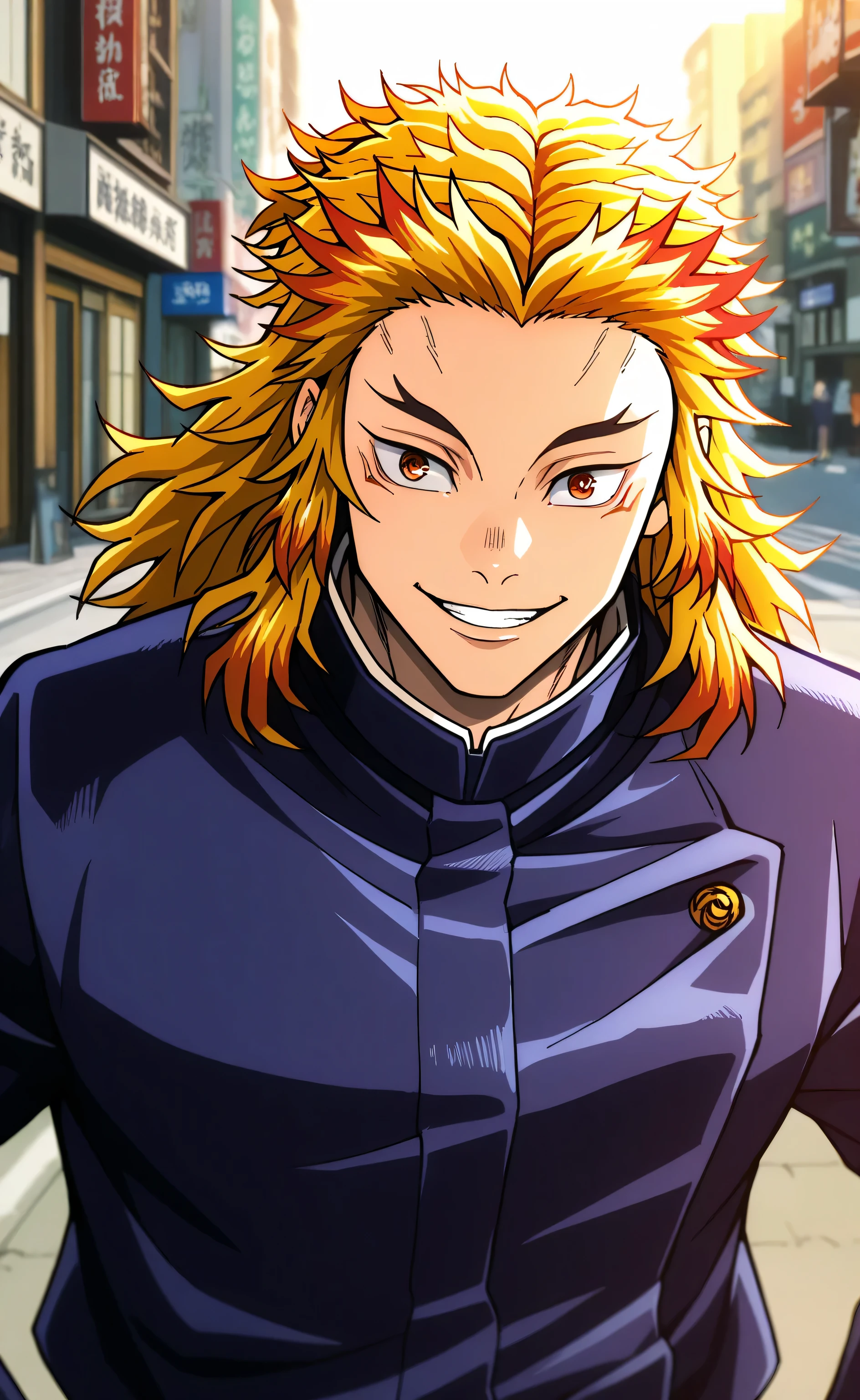 1male,solo,Kyojuro Rengoku,medium hair,blond and orange hair,orange eyes,smile,jujutsu high school uniform,street,tokyo,sun rising,japamese,Jujutsu Kaisen Style
