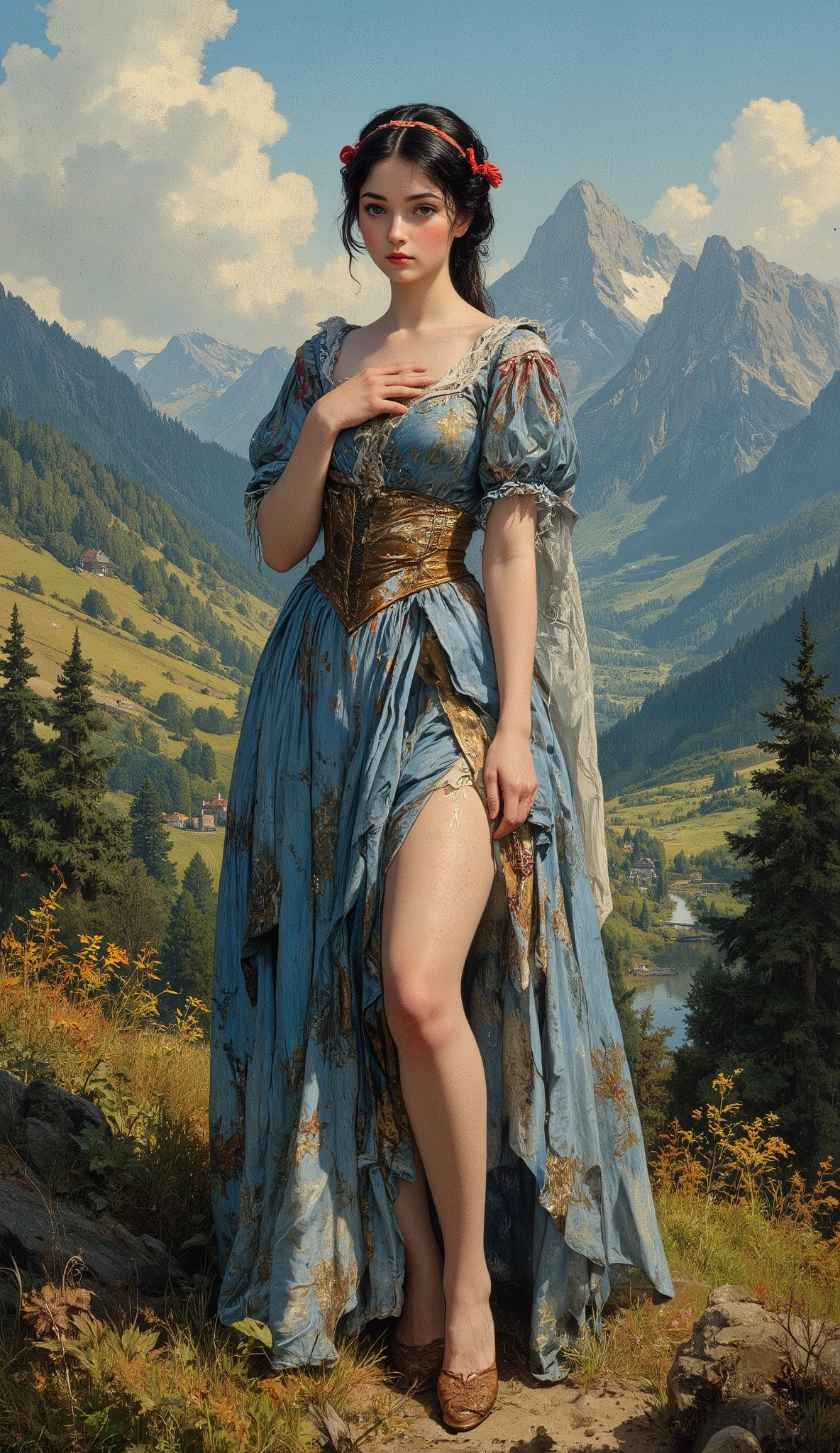 Snow White stands in the Mona Lisa pose、
((nsfv)),
19th century style,
full body,
old photo,
1 girl,
in early summer in 17th century Germany、
Young Белоснежка、
Белоснежка is 16 years old、
She has black hair in a square with red ribbons、
She wears a blue dress、
Snow White has her hands under her chest,
Snow White is a beautiful girl with a neat hairstyle on her head、
in the background a beautiful fertile valley with mountains and a river, Sunny summer day, belt plan, front view
