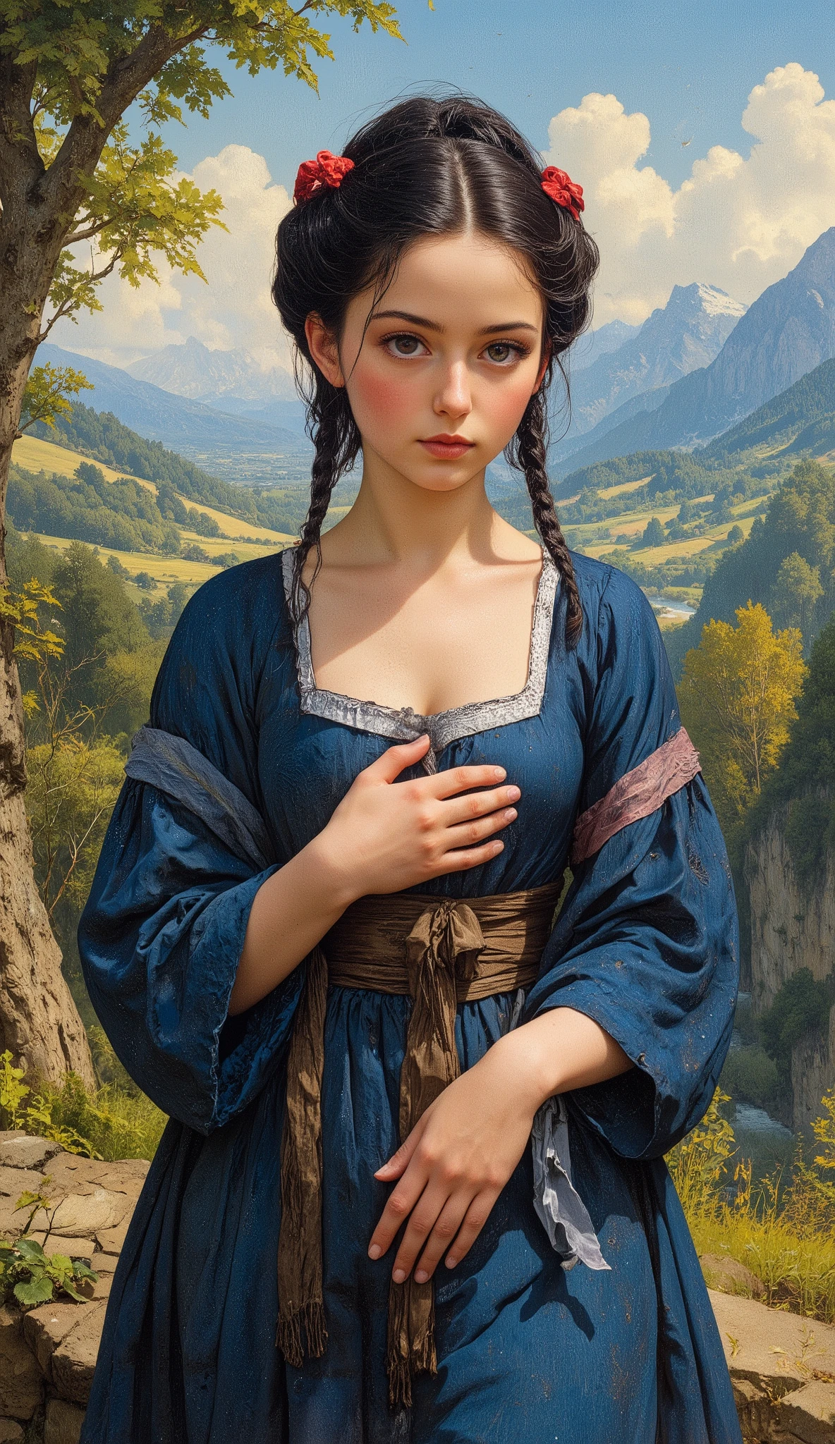 Snow White stands in the Mona Lisa pose、
((nsfv)),
19th century style,
full body,
old photo,
1 girl,
in early summer in 17th century Germany、
Young Белоснежка、
Белоснежка is 16 years old、
She has black hair in a square with red ribbons、
She wears a blue dress、
Snow White has her hands under her chest,
Snow White is a beautiful girl with a neat hairstyle on her head、
in the background a beautiful fertile valley with mountains and a river, Sunny summer day, belt plan, front view