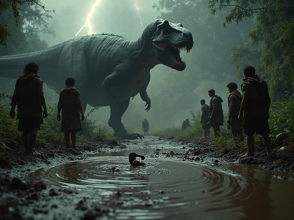 Scene 2:
Low-angle close-up on muddy ground as ripples form in a rain-filled puddle with each tremor. The hunters freeze, bodies tense, one gripping a stone axe with trembling hands. A flash of lightning silhouettes the colossal form of a T-Rex, jaws dripping fresh blood. The beast roars, the sound shaking the earth and sending a flock of birds scattering. The mood: raw intimidation and primal terror.