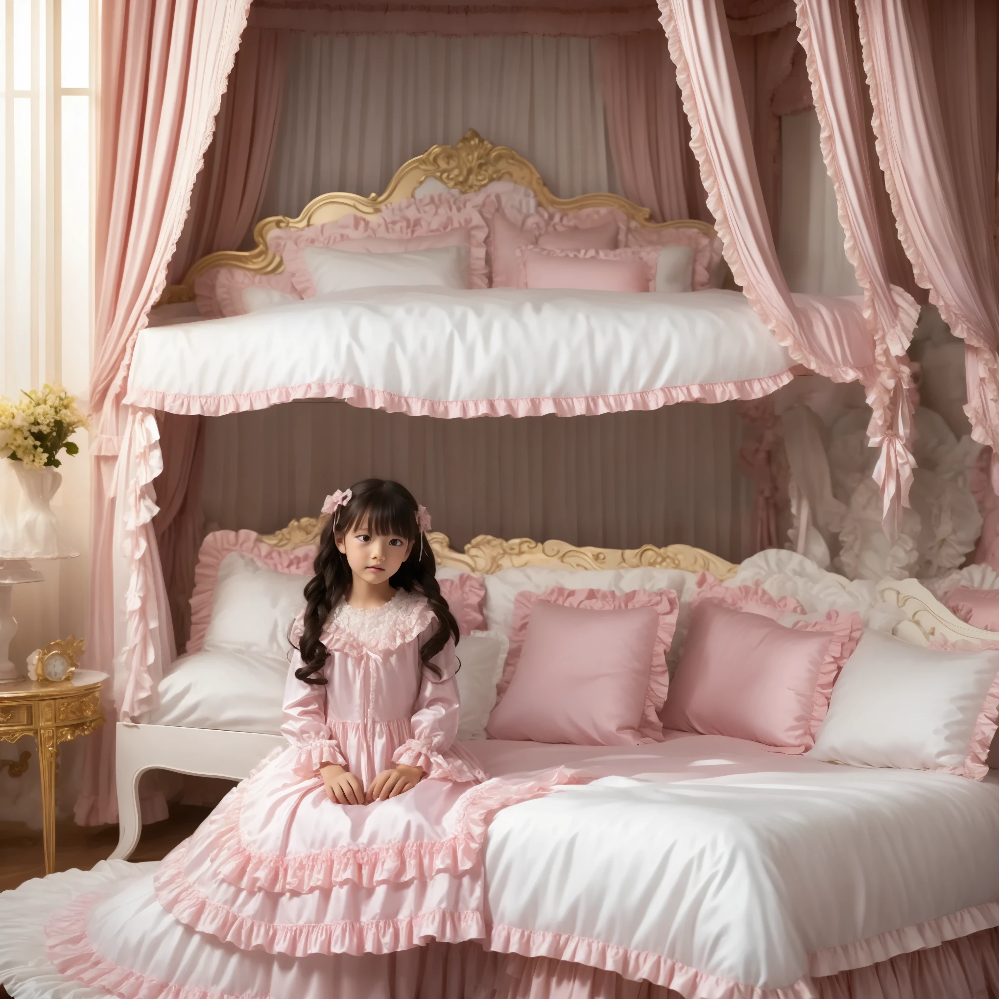 ((Distant view,Full Body,simple background:1.0)), 10 year old girl in nightgown,On a Canopy Bed,Highest Quality, masterpiece, highest resolution, art work, super それにget used to it, many get used to it, get used to it, それにget used to it,
