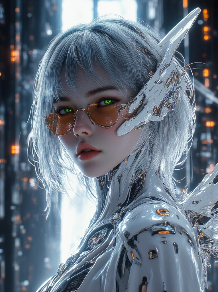 (BioPunk Girl:1.4), short mullet hairstyle, (Glowing scarlet eyes:1.2), (Translucent pale skin:1.4), No humans, Beautiful eyes with fine symmetry, bio body, (Intricate details:1.2), (Highly detailed face and eyes:1.2), (Super detailed skin quality feeling:1.4), No makeup, (dark circles:1.1), long canines, midnight aura, Creation of fantasy, Thrilling color schemes, posing sitting for a photo, side view, CG, 3D, (Delicate images), (Highly detailed), (high resolution), (Best quality), (masterpiece)