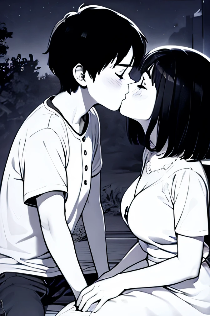 ((( Line art ))),((( monochrome:1.1))),1girl,1boy,(((couple kiss))),(((ideal ratio body proportions))),iris , Dark Eyes ,( small eyes ),(Slanted Eyes) ,(closed eyes),(((black hair))),( short bob hair ),bangs ,((short stature)),((big breasts)),(disproportionate breasts),(((white dress ))),((short puff sleeve)),(ribbon),button,flared skirt ,pantyhose,gray loafers,((amazed)),(sitting),upper body,(((girl focus:1.5))),((at night)),(face close up),in the park,on the bench,angle from above,