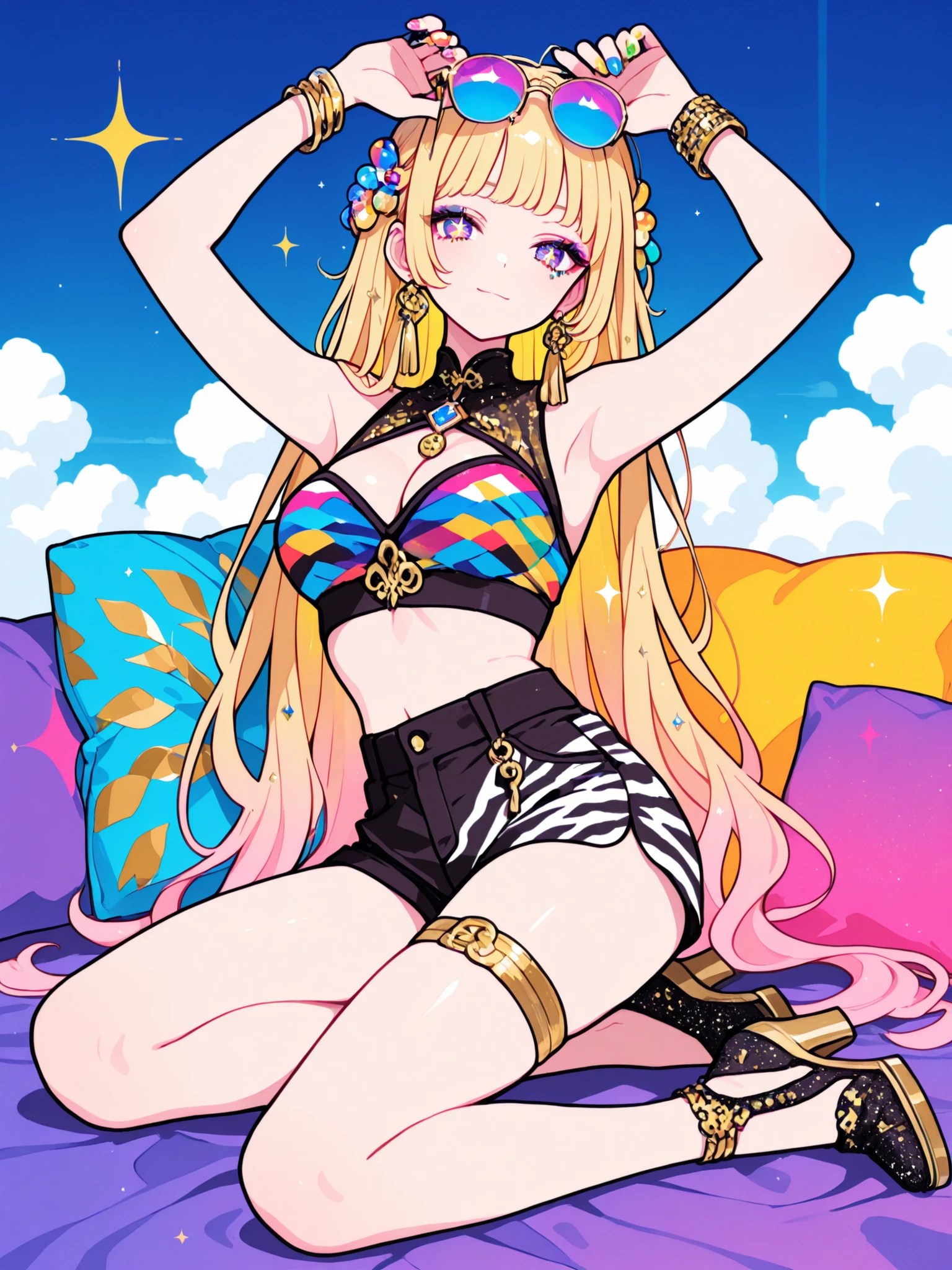 Woman, solo, Colorful nails, rimless, eyes of gold, long hair,, hair ornaments,Zebra pattern background, Blonde, Sparkling Makeup on Her Face、Shibuya、moving pose、Angle from Above、colorful sunglasses、Full Body、Gal、shorts to hold pillows、pieces、Highest Quality、masterpiece