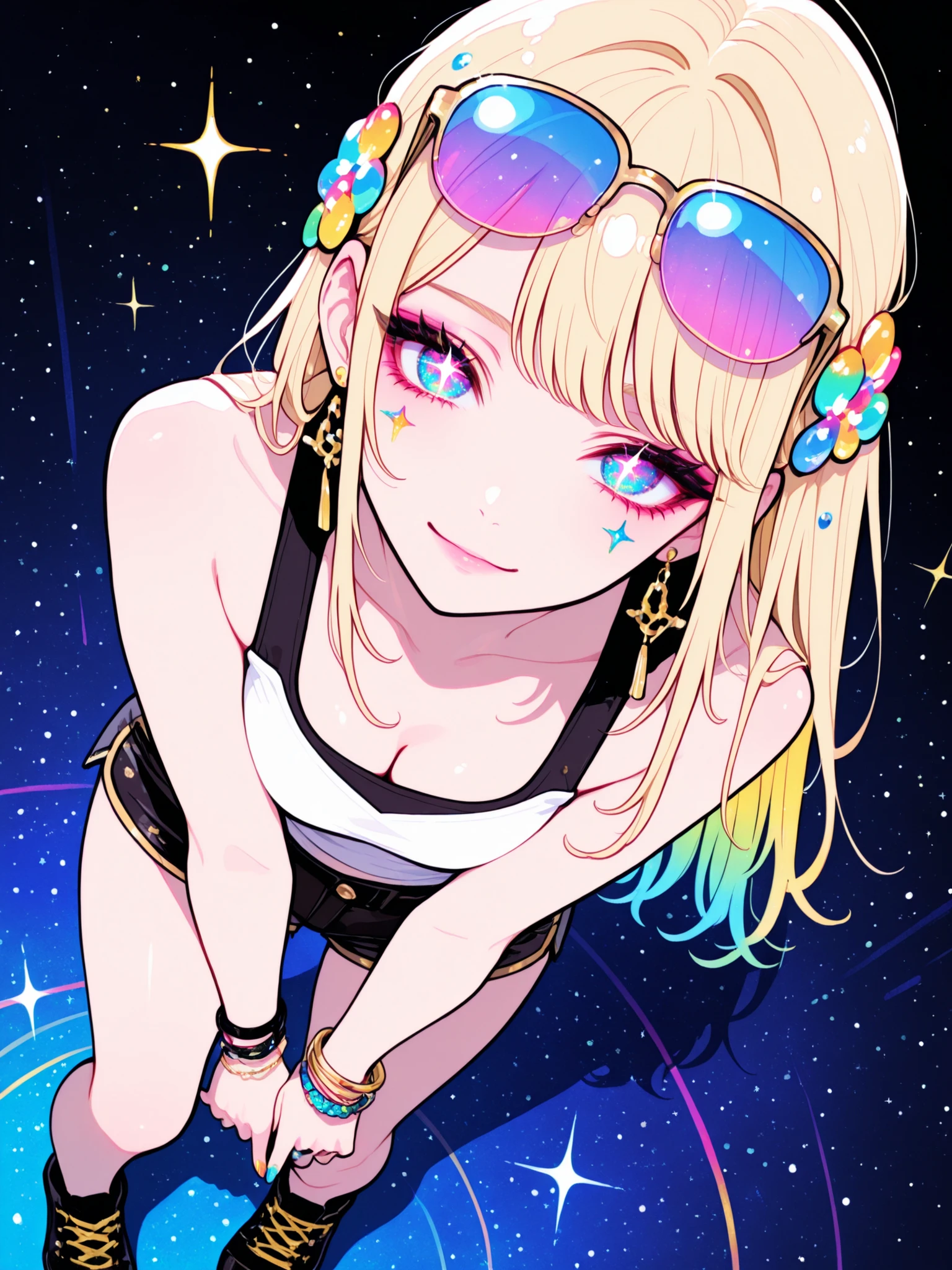 Woman, solo, Colorful nails, rimless, eyes of gold, long hair,, hair ornaments、colorful background, Blonde, Sparkling Makeup on Her Face、Shibuya、moving pose、Angle from Above、colorful sunglasses、Full Body、Gal、shorts、pieces、Highest Quality、masterpiece