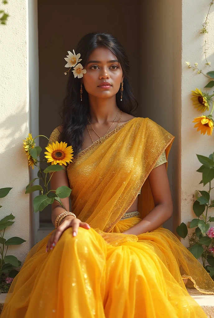 A indian  woman is standing in a field of yellow flowers at sunset, wearing a light sunflower two-piece outfit consisting of a crop top and shorts. She has long, flowing dark hair, gold earrings, a necklace, and gold bangles. The sky is a gradient of warm hues, and trees are visible in the background.